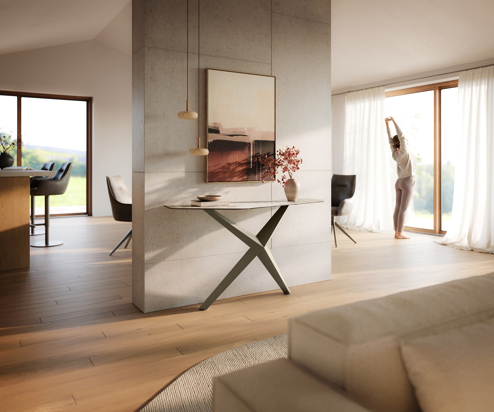 Consoletafel Edge Polygonaal 140x50 cm Keramiek Minas Melange Weiß-Beige Zentharo Metaal Effektfinish Titan 7