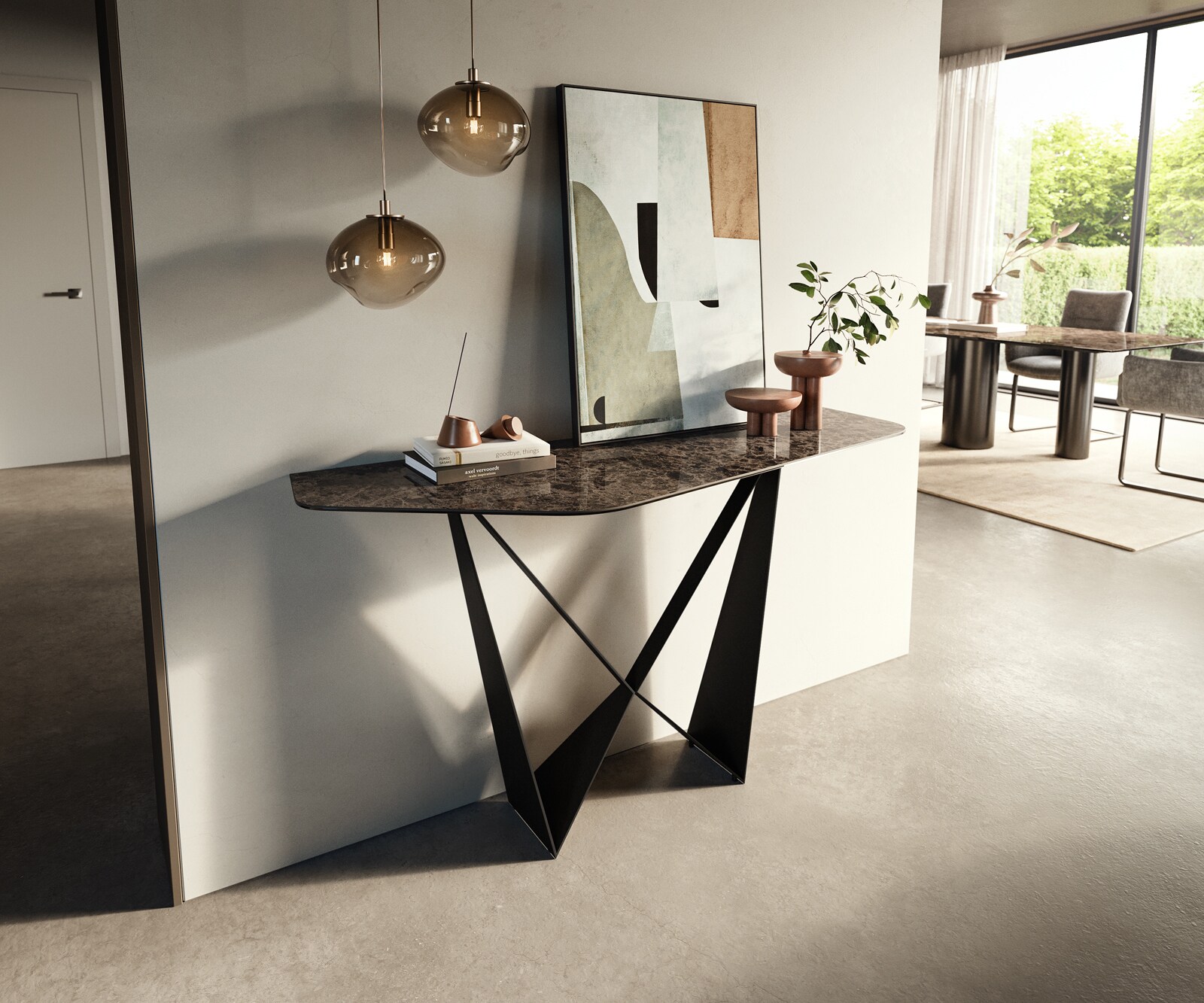 Consoletafel Edge Polygonaal 140x50 cm Keramiek Emperador Extra Lucidato Dunkelbraun Spios Metaal Zwart 3