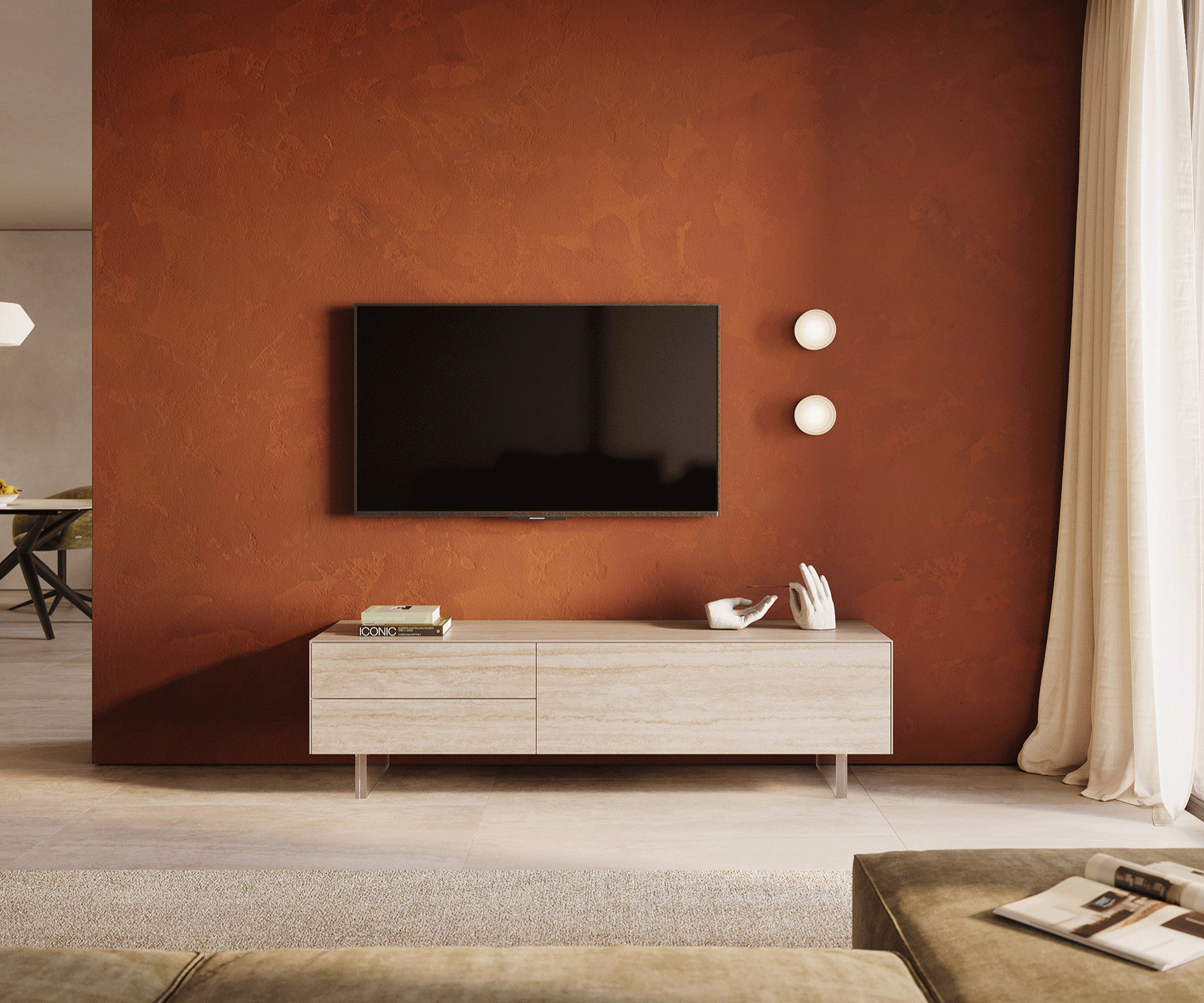 Tv-meubel Cuor 180 cm Keramiek Laminam® Travertino Bianco Crème-wit 1 Flap 2 Laden Zwevende voet look Acrylglas 2