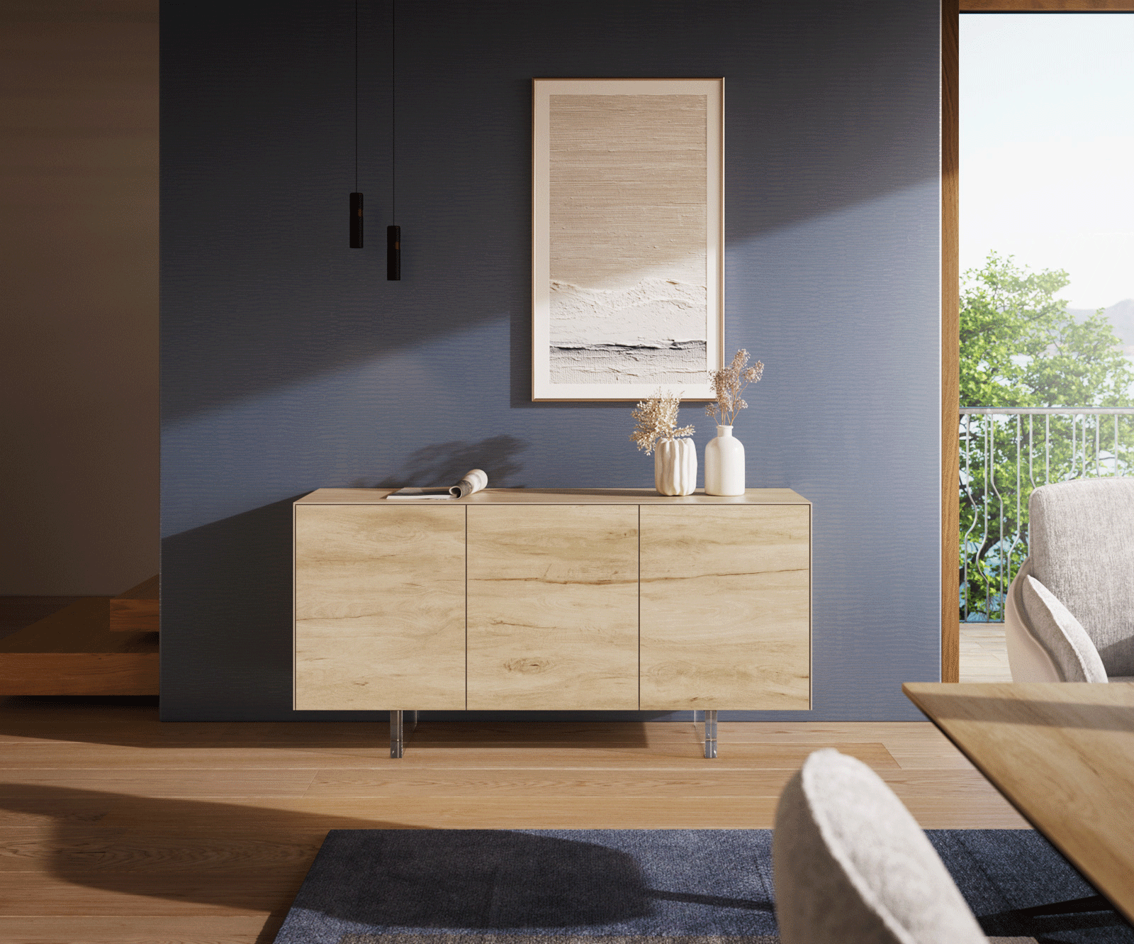Dressoir Cuor 150 cm Keramiek Laminam® Sabbia Eiken gekleurd 3 Deuren Zwevende voet look Acrylglas 1