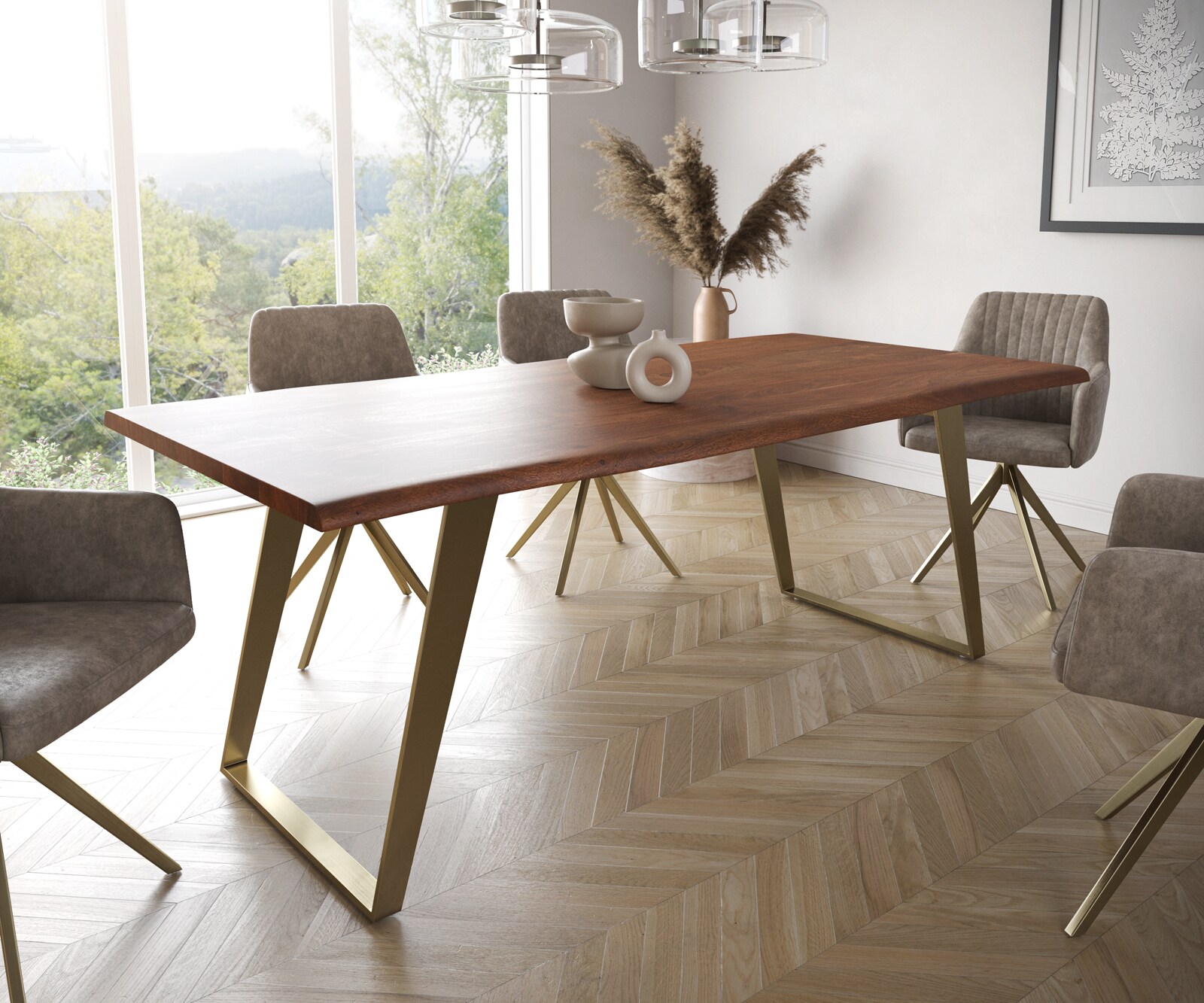 Eettafel Edge 200x100 acacia bruin  roestvrij staal  Gold schuin Live-Edge 1