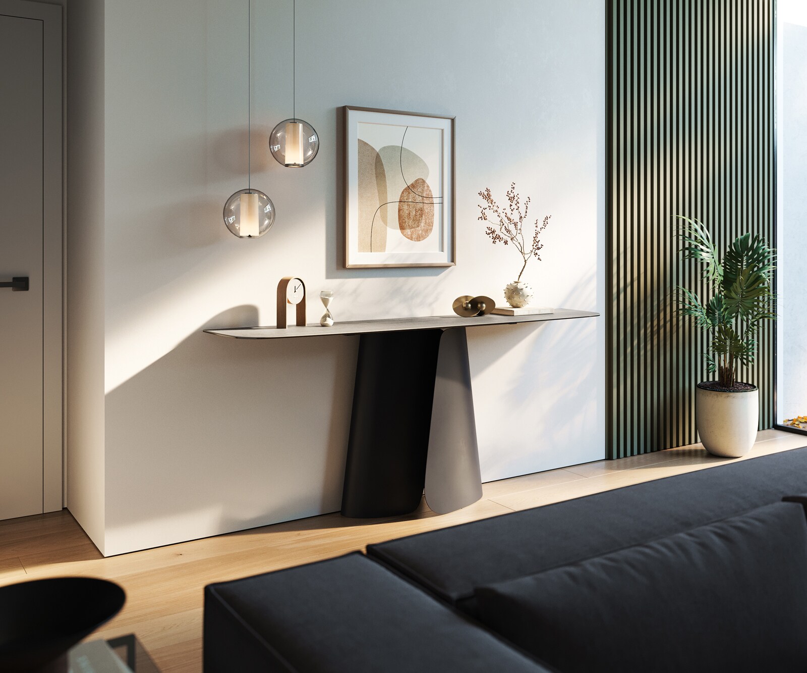 Consoletafel Edge Bootvorm 180x40 cm Keramiek Betongrijs Livos Metaal Zwart 7