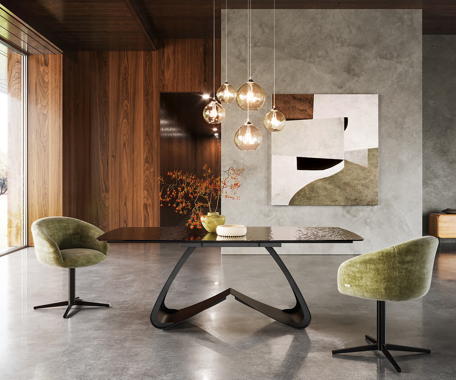 Eettafel Edge Boot 200x100 Reliefglas zwart 3D-Design W-frame metaal zwart 1