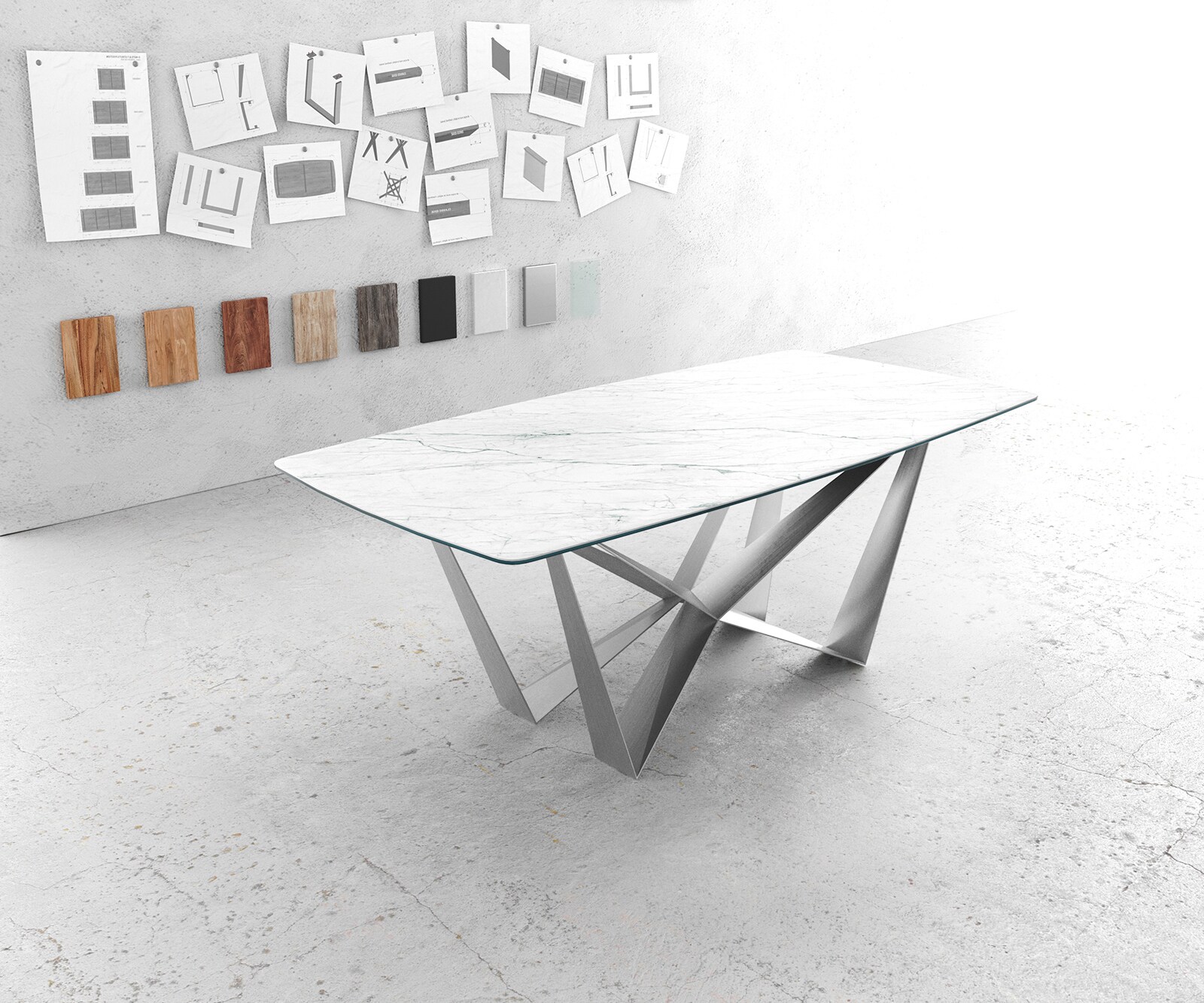 Eettafel Edge Bootsform 200x100cm Laminam® keramiek wit middenpoot vlak staal zilver