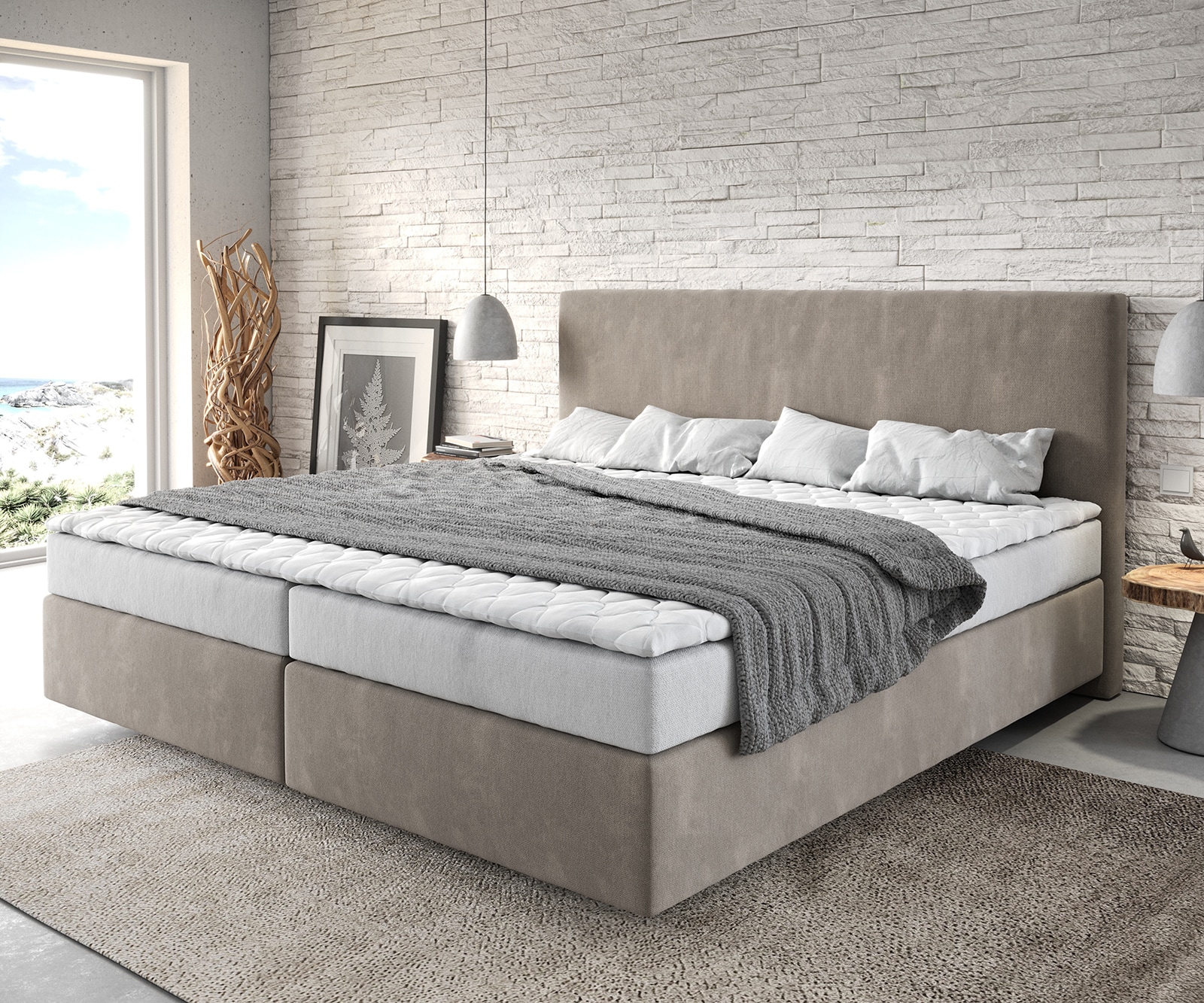 Boxspringbed Dream-Well Microvezel Beige 200x200 cm met Bonell-matras en PU-topper Boxspringbed Dream-Well Microvezel Beige 200x200 cm met Bonell-matras en PU-topper