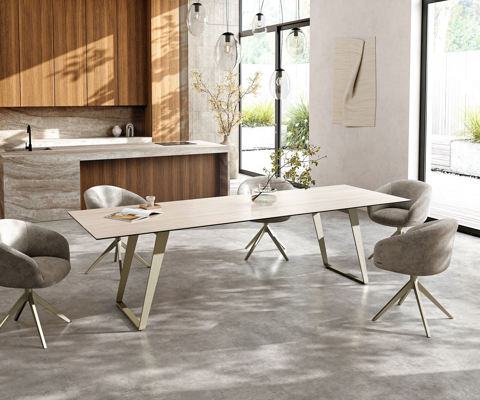 Eetkamertafel Edge 300x100 cm Keramiek Laminam®Travertino Bianco Creme-Wit Metaal Schuin Effectafwerking Titan 7