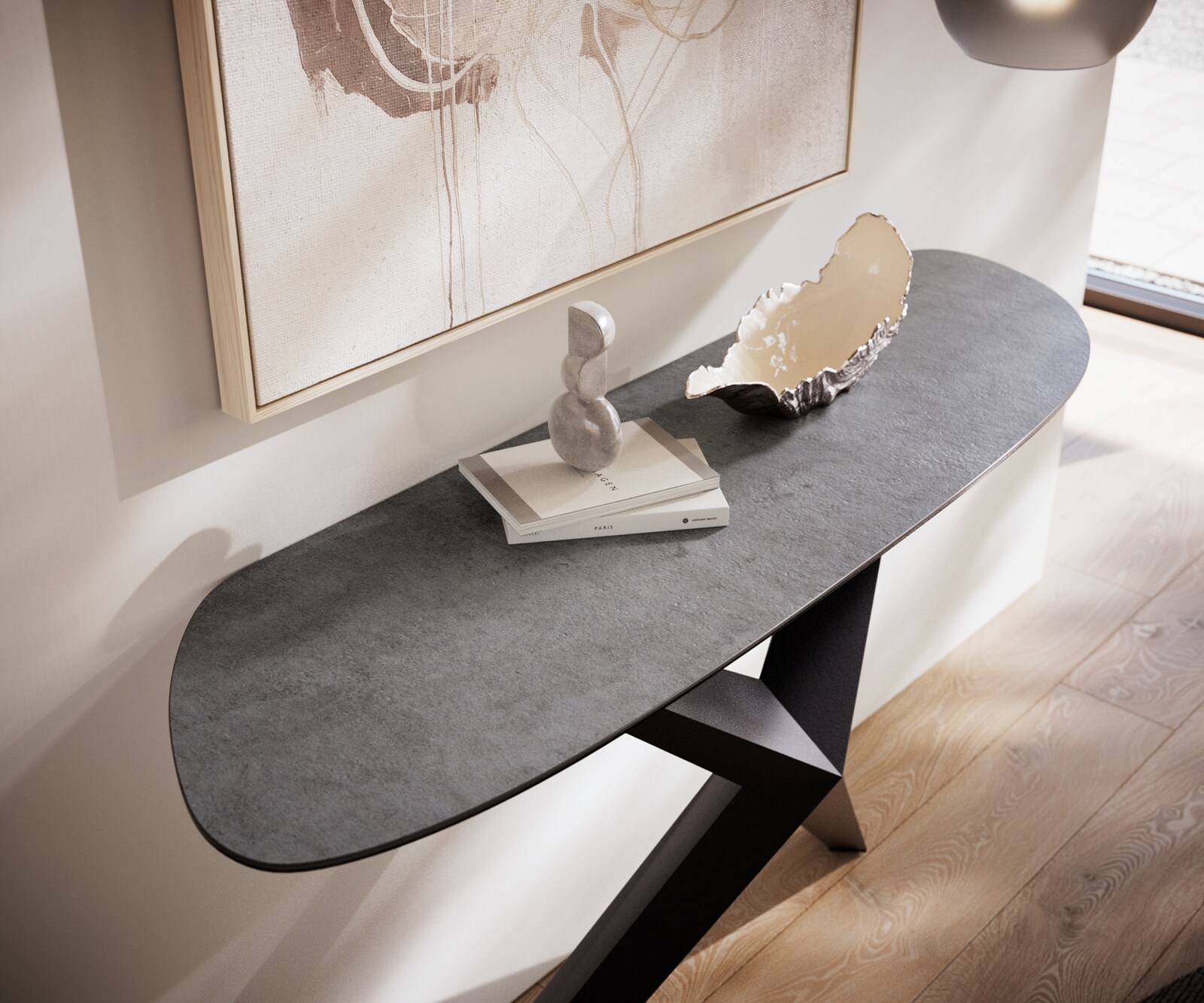 Consoletafel Edge Organisch 140x40 cm Keramiek Beton Grijs Zentharo Metaal Zwart 6