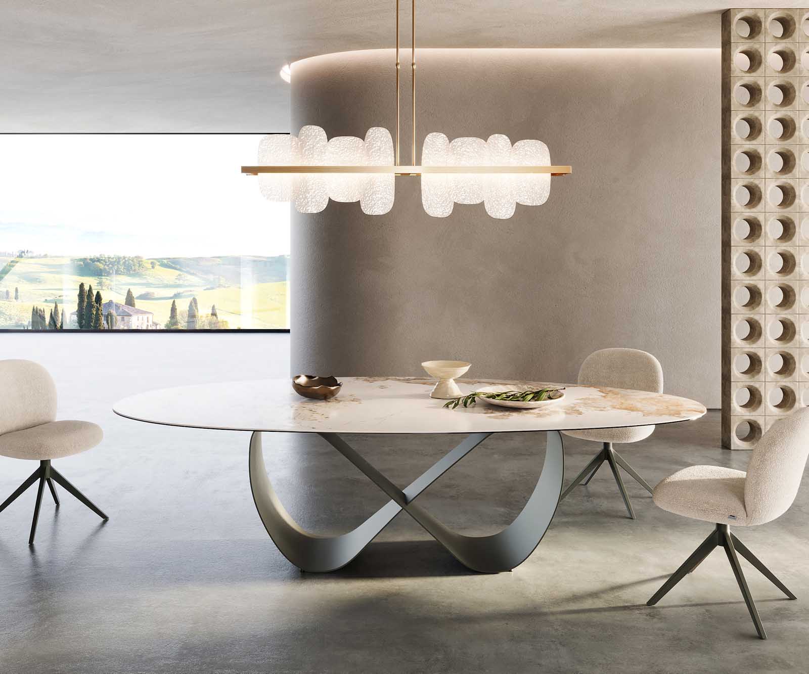 Eettafel Edge ovaal 280x130 keramiek Minas Melange wit-beige Infinity metaaleffect afwerking titanium 7