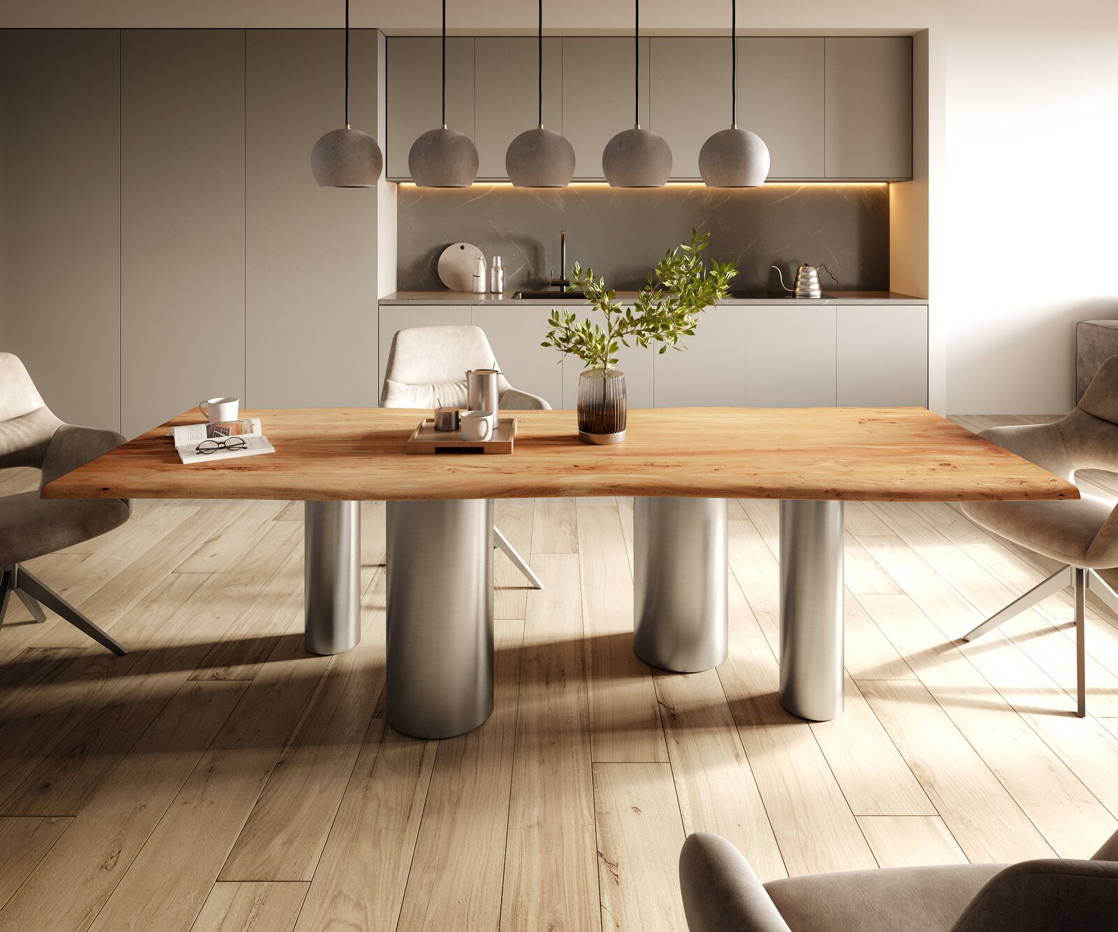Eetkamertafel Edge 260x100 acacia natuurPilier roestvrij staal geborsteld Live-Edge 1