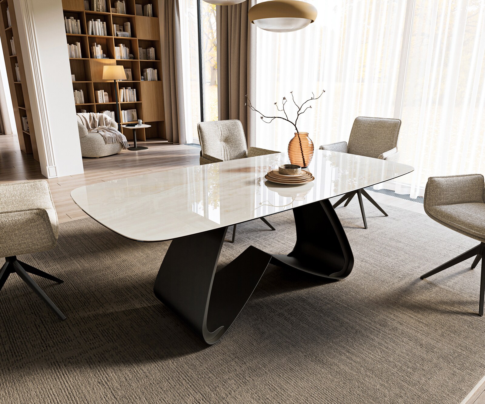 Eettafel Edge boot 200x100 cm keramiek Onyx Champagne W-onderstel metaal zwart 1