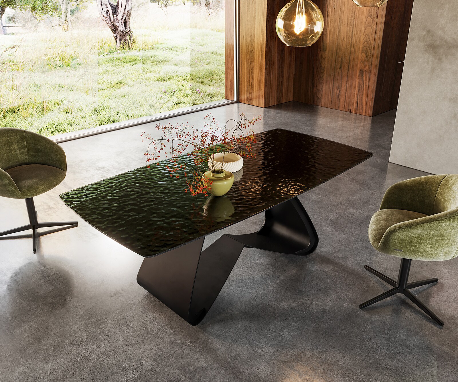 Eettafel Edge Boot 200x100 Reliefglas zwart 3D-Design W-frame metaal zwart 1