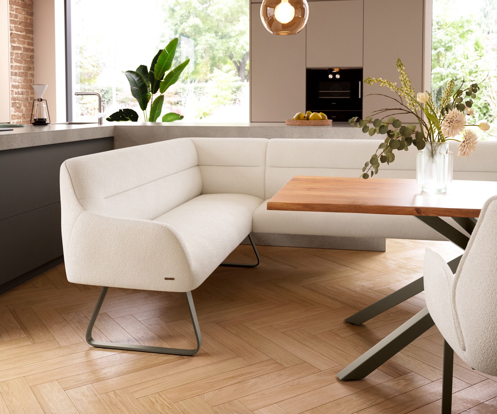 Eetkamerbank Taya-Flex 285x190 cm bouclé crème-wit platte sledebasis afwerking met titaniumeffect pocketvering rechts 5