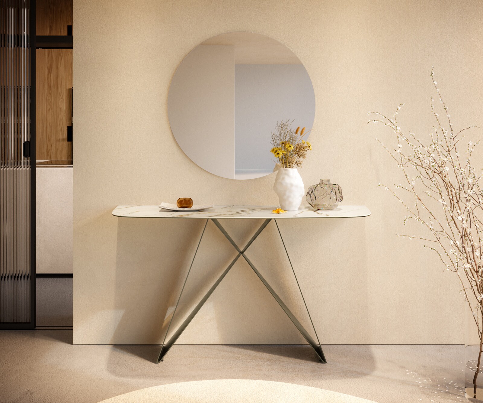 Consoletafel Edge Bootvorm 140x40 cm Keramiek Calacatta Luxe Weiß-Gold-Grijs Velio Metaal Effektfinish Titan 4