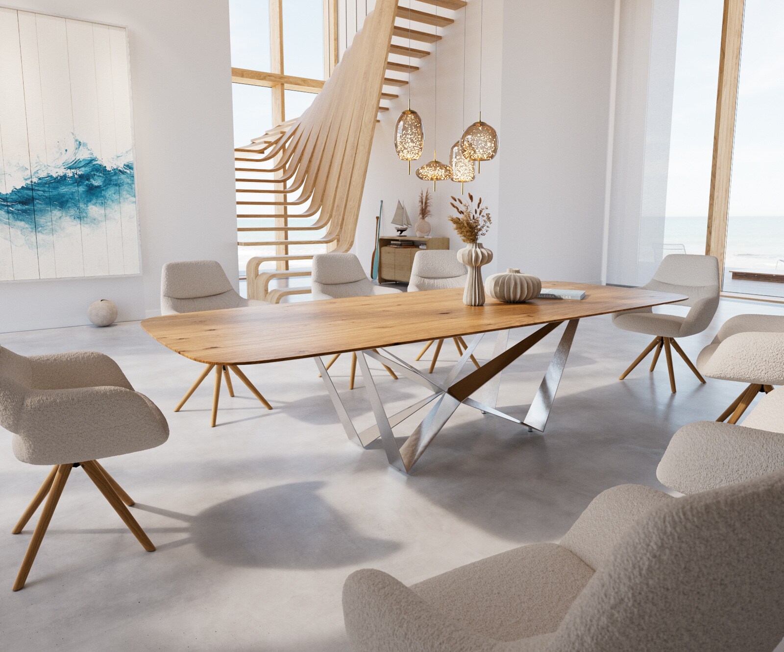 Eettafel Edge Boot 300x120x2,5-3 eiken natuur Spider staal  roestvrij staal  Schweizer Kante 1