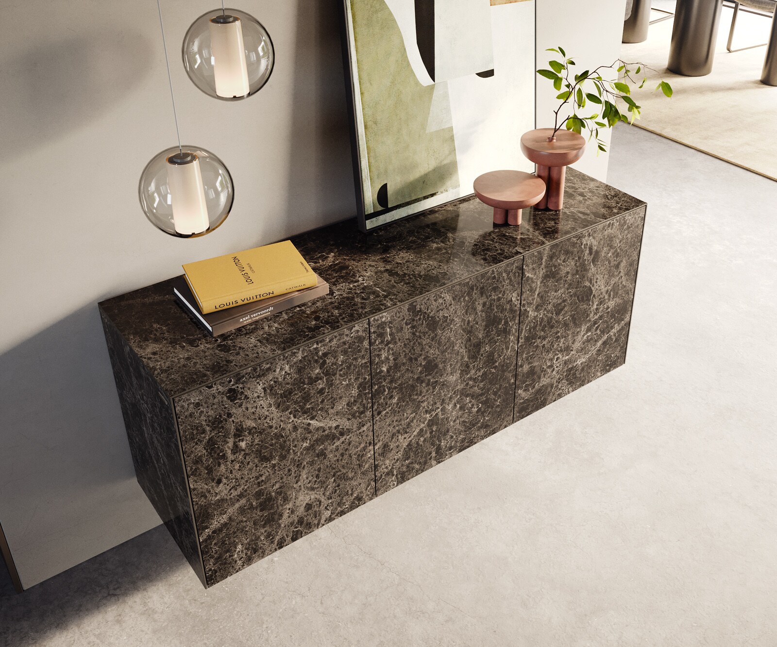 Dressoir Cuor 150 cm Keramiek Laminam® Emperador Extra Lucidato Donkerbruin 3 Deuren Zwevend 4