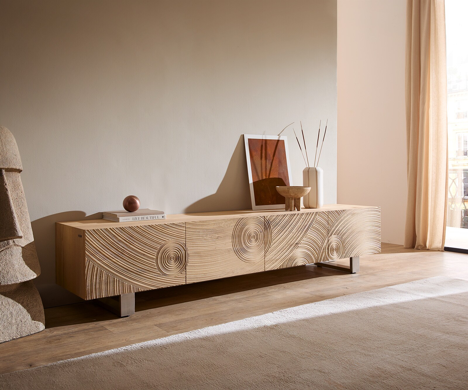 TV-meubel Ashara 220 cm eiken natuur 3D-effect 4 deuren sledepoten geborsteld RVS