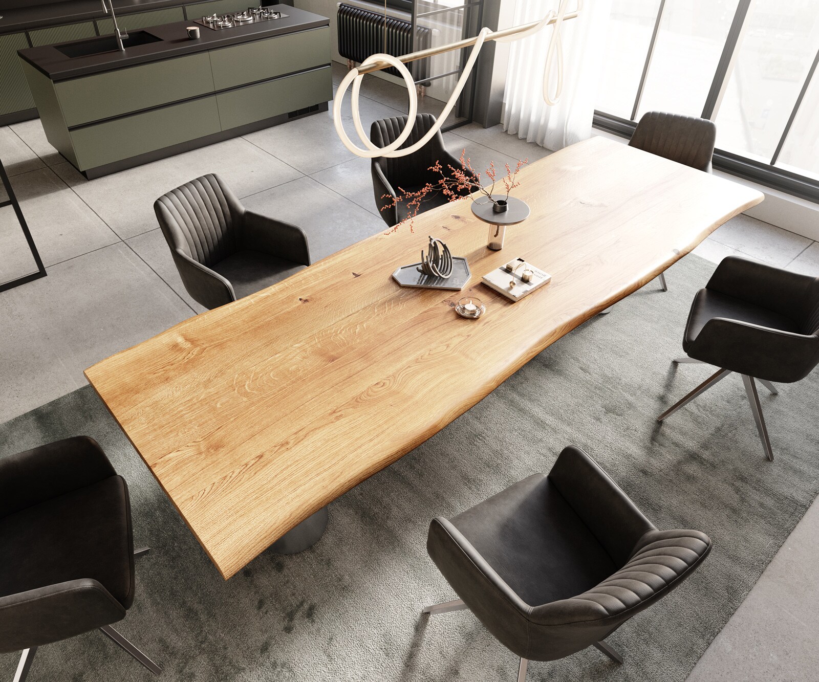 Eettafel Edge 300x100x4 eiken natuur Pilier RVS geborsteld Live-Edge 3