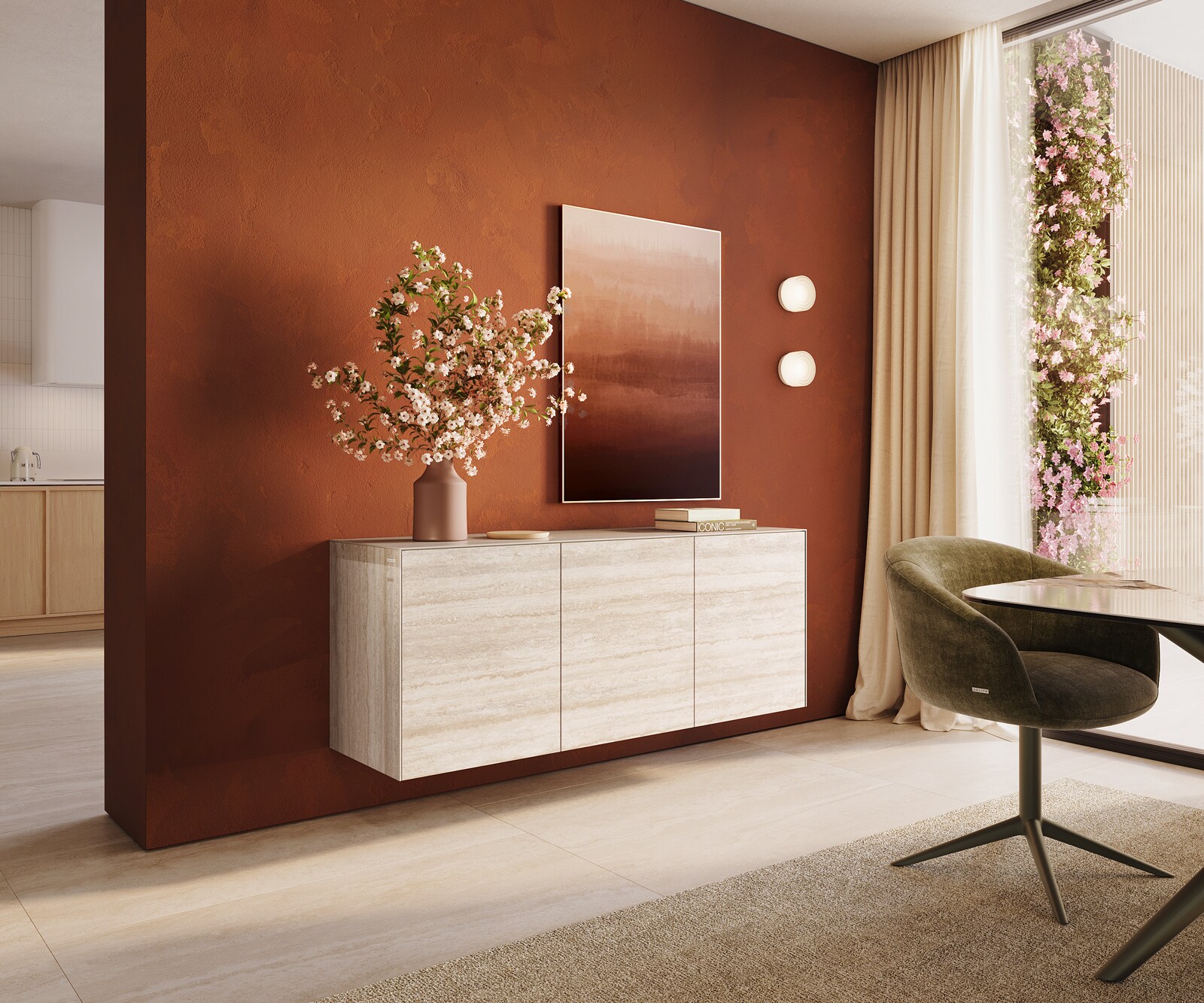 Dressoir Cuor 150 cm Keramiek Laminam® Travertino Bianco Crème-wit 3 Deuren Zwevend