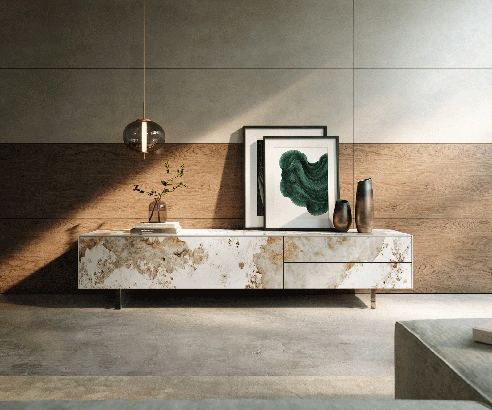 Tv-meubel Cuor 220 cm Keramiek Minas Melange Wit-beige 1 Flap 2 Laden Zwevende voet look Acrylglas 1