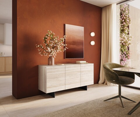Dressoir Cuor 150 cm Keramiek Laminam® Travertino Bianco Crème-wit 3 Deuren Zwevende voet look Metaal Zwart