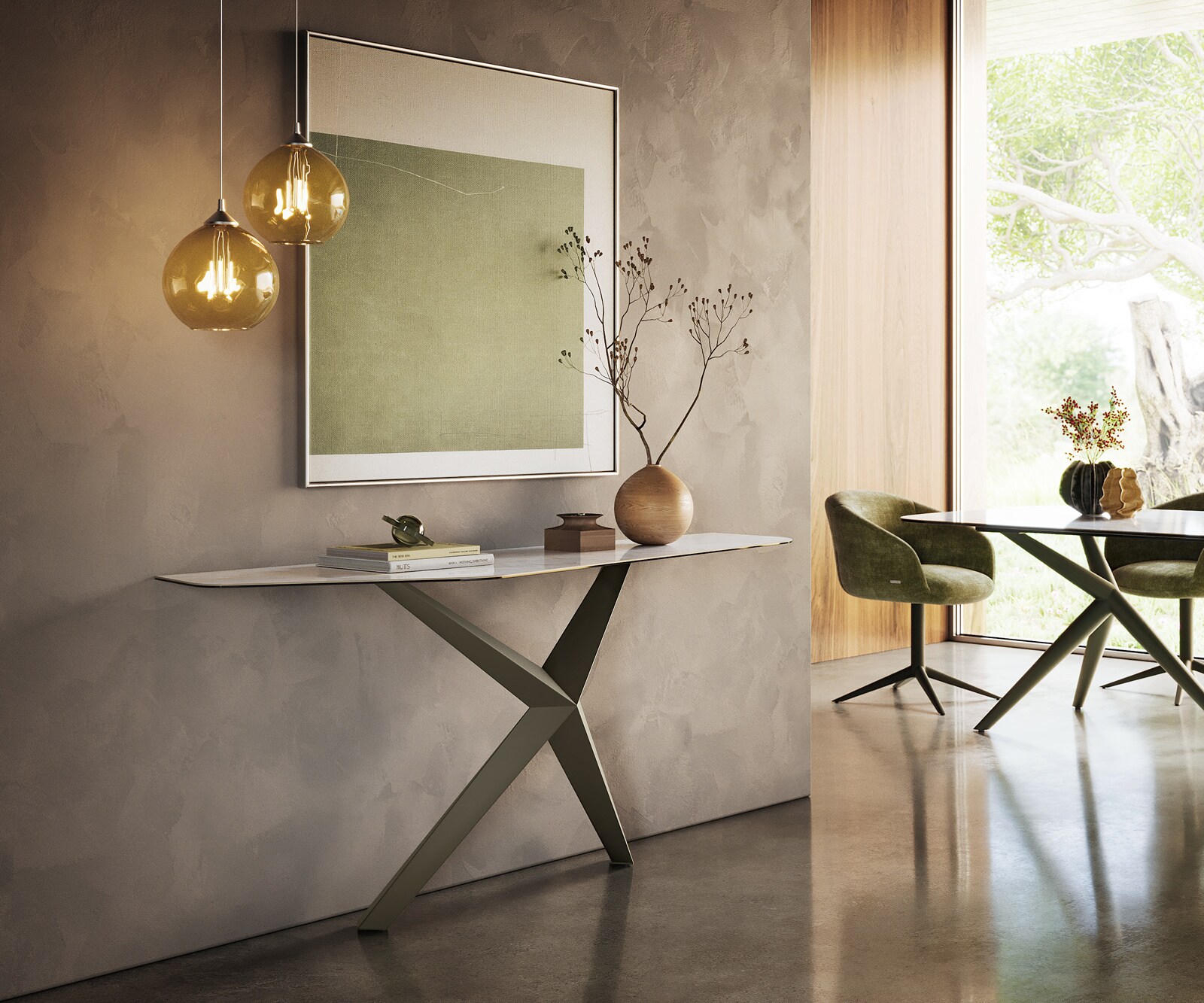 Consoletafel Edge Polygonaal 180x50 cm Keramiek Onyx Pearl Zentharo Metaal Effektfinish Titan 7