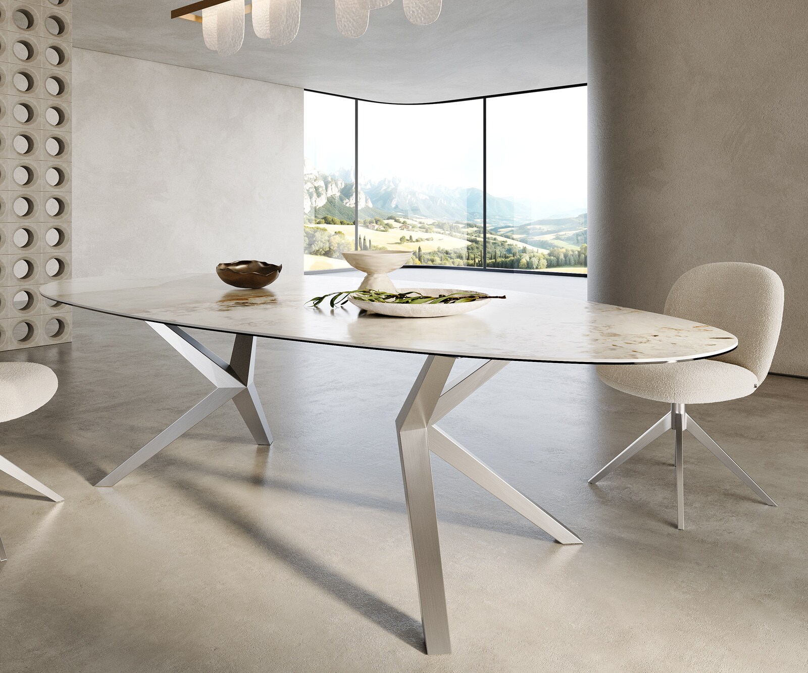 Eetkamertafel Edge ovaal 280x130 keramiek Minas Melange wit-Beige Zenthara hoekig roestvrij staal 6