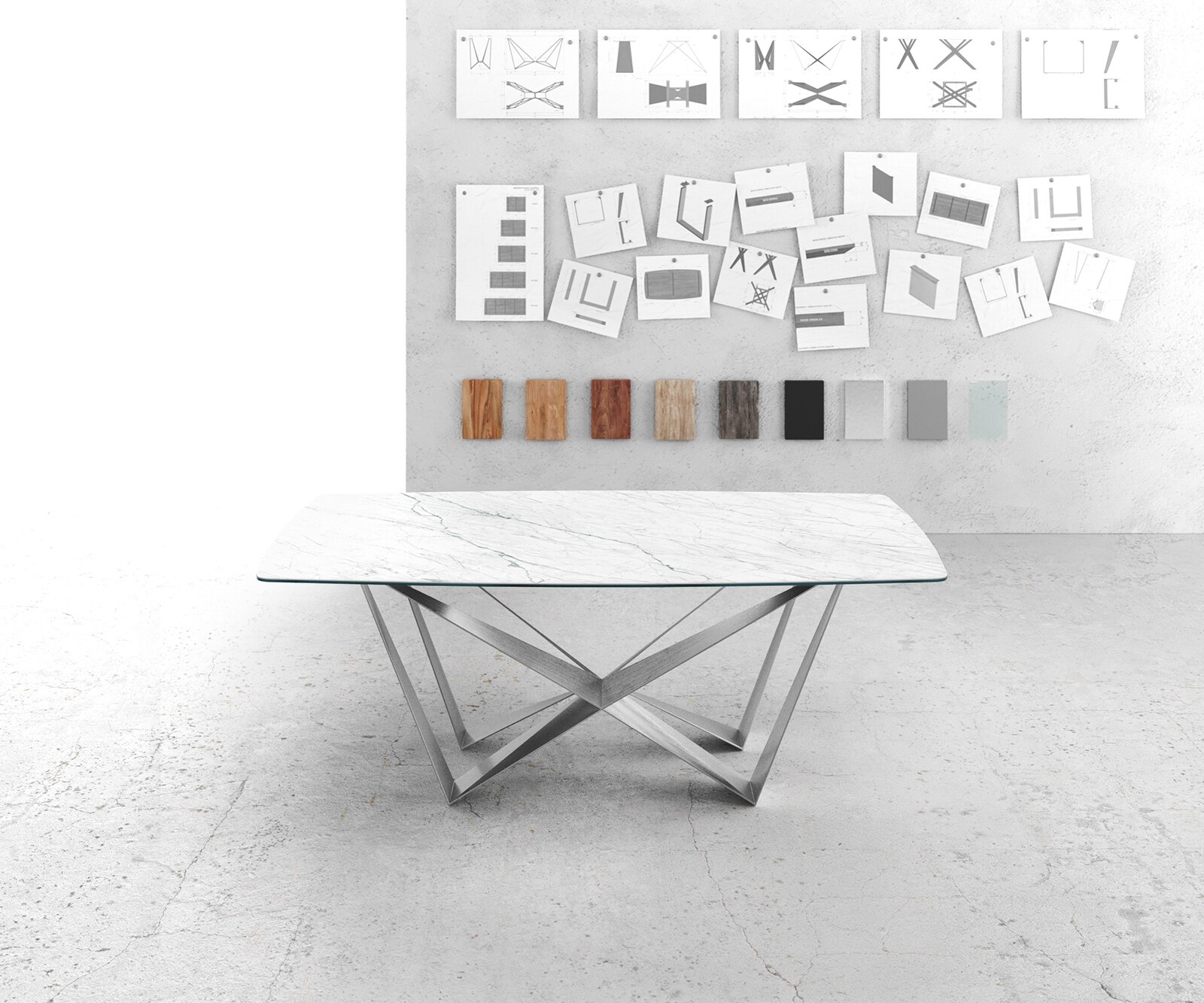 Eettafel Edge Bootsform 200x100cm Laminam® keramiek wit middenpoot vlak staal zilver 1