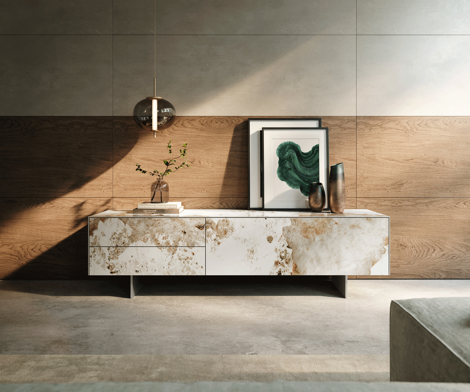 Tv-meubel Cuor 180 cm Keramiek Minas Melange Wit-beige 1 Flap 2 Laden Zwevende voet look Roestvrij staal 2