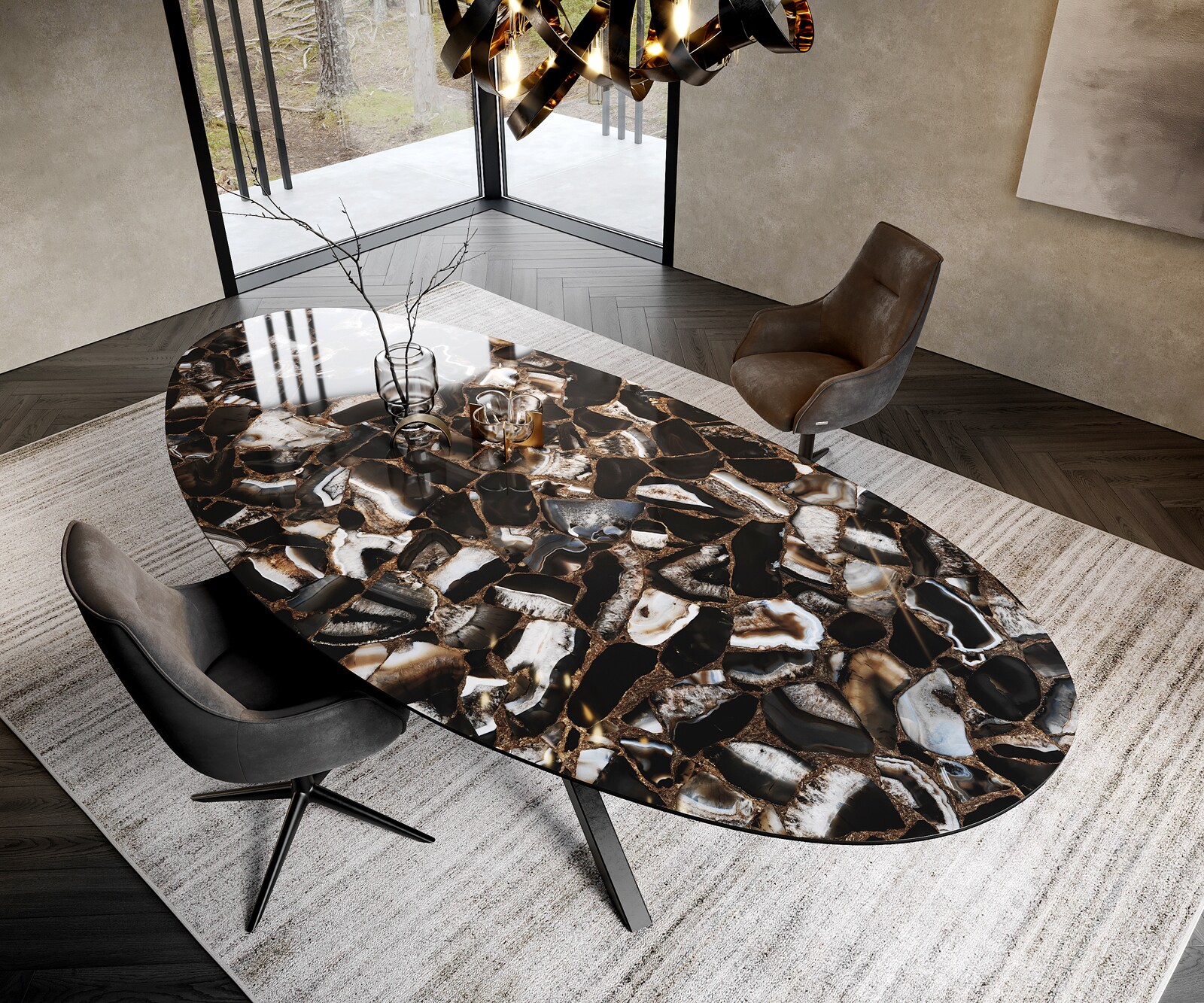 Eetkamertafel Edge Oval 280x130 cm Keramiek Iris FMG Agatablack kruisonderstel Rechthoek Zwart 1
