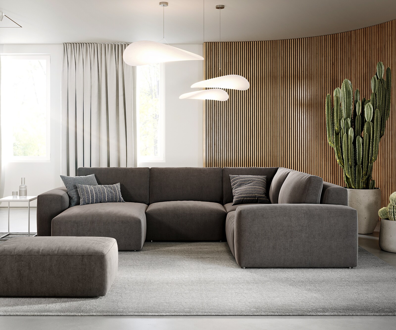 Woonlandschap Lanzo 300x210 cm microvezel khakibruin met variabele recamière en hocker