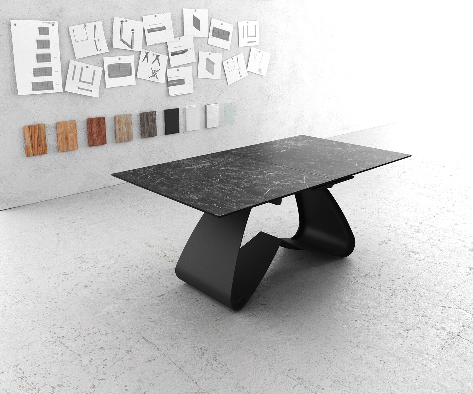 Eetkamertafel Edge 180-220x100 keramiek Laminam®Nero Greco grijs W-frame zwart uitschuifbaar 1