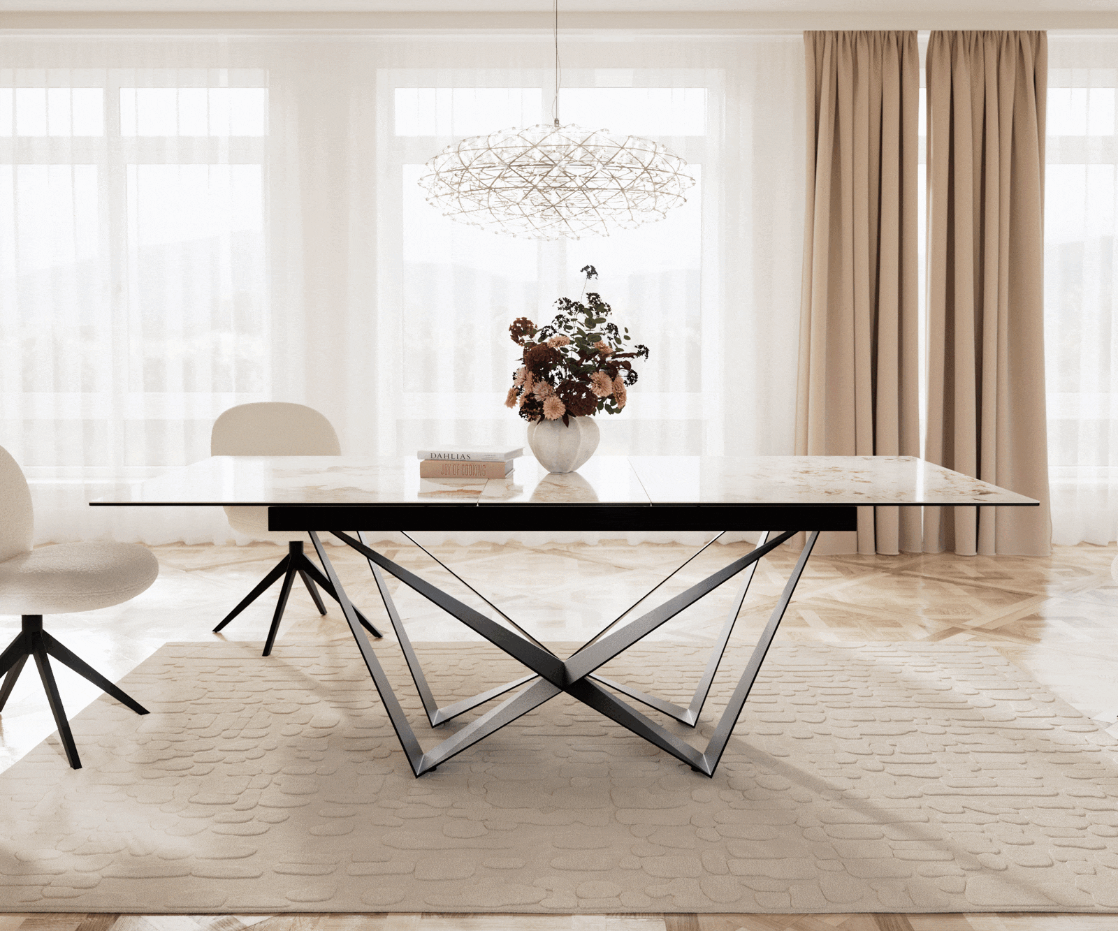 Eetkamertafel Edge 180-220x100 keramiek Minas Melange wit-beige spider vlak staal zwart uitschuifbaar 1 Eetkamertafel Edge 180-220x100 keramiek Minas Melange wit-beige spider vlak staal zwart uitschuifbaar 1