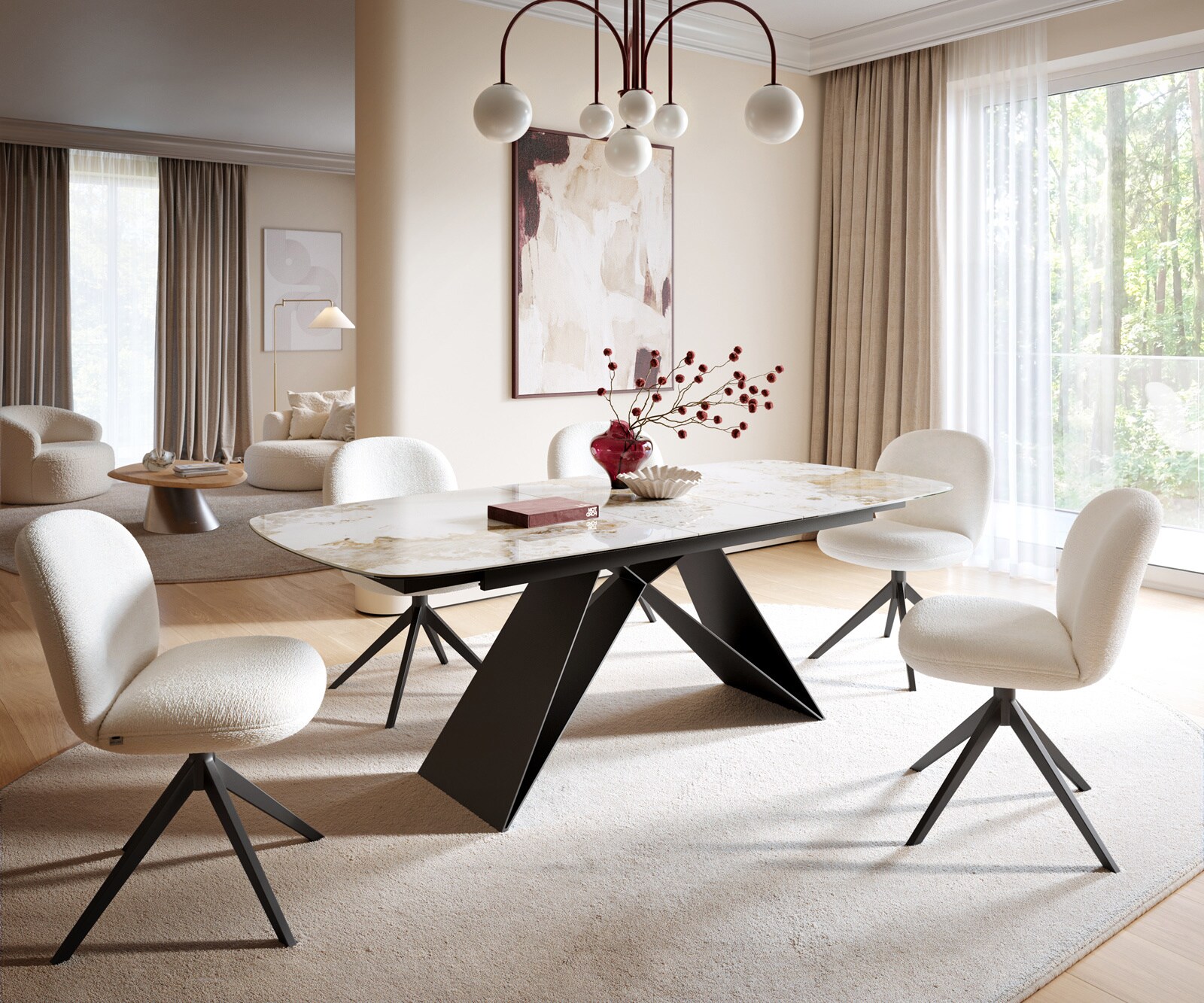 Eettafel Edge Boot 180-220x100 cm Keramiek Minas Melange Wit-Beige V-onderstel Flachstahl Zwart uitschuifbaar 1