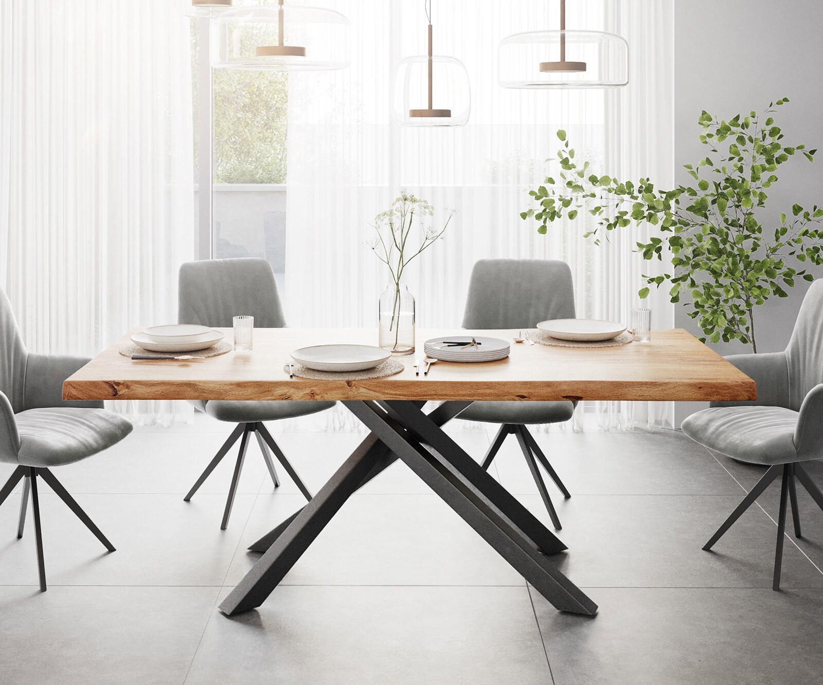 Eettafel Edge 200x100 XL acacia natuur Kreuzframe rechthoek zwart Live-Edge 2