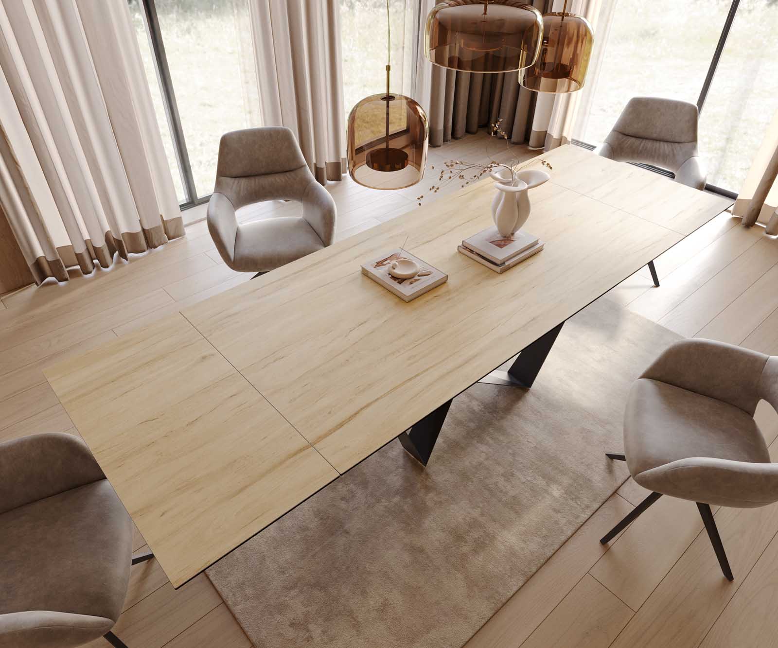 Eetkamertafel Edge 200-300x100 keramiek Laminam® Sabbia eiken kleur spider vlak staal zwart uitschuifbaar 5