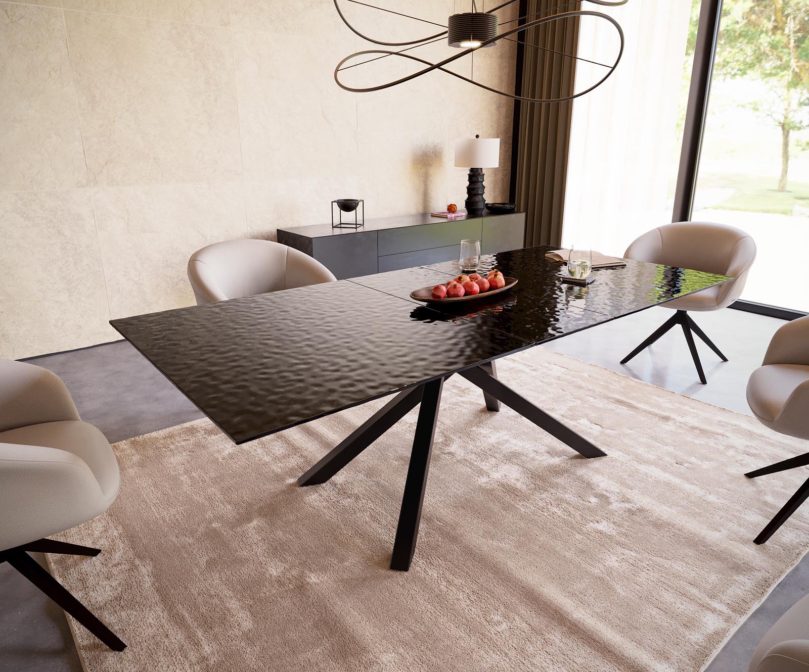 Eetkamertafel Edge 180-220x100 Glas smelten rokerig zwart 3D-Relief kruisframe rechthoek zwart uitschuifbaar Eetkamertafel Edge 180-220x100 Glas smelten rokerig zwart 3D-Relief kruisframe rechthoek zwart uitschuifbaar