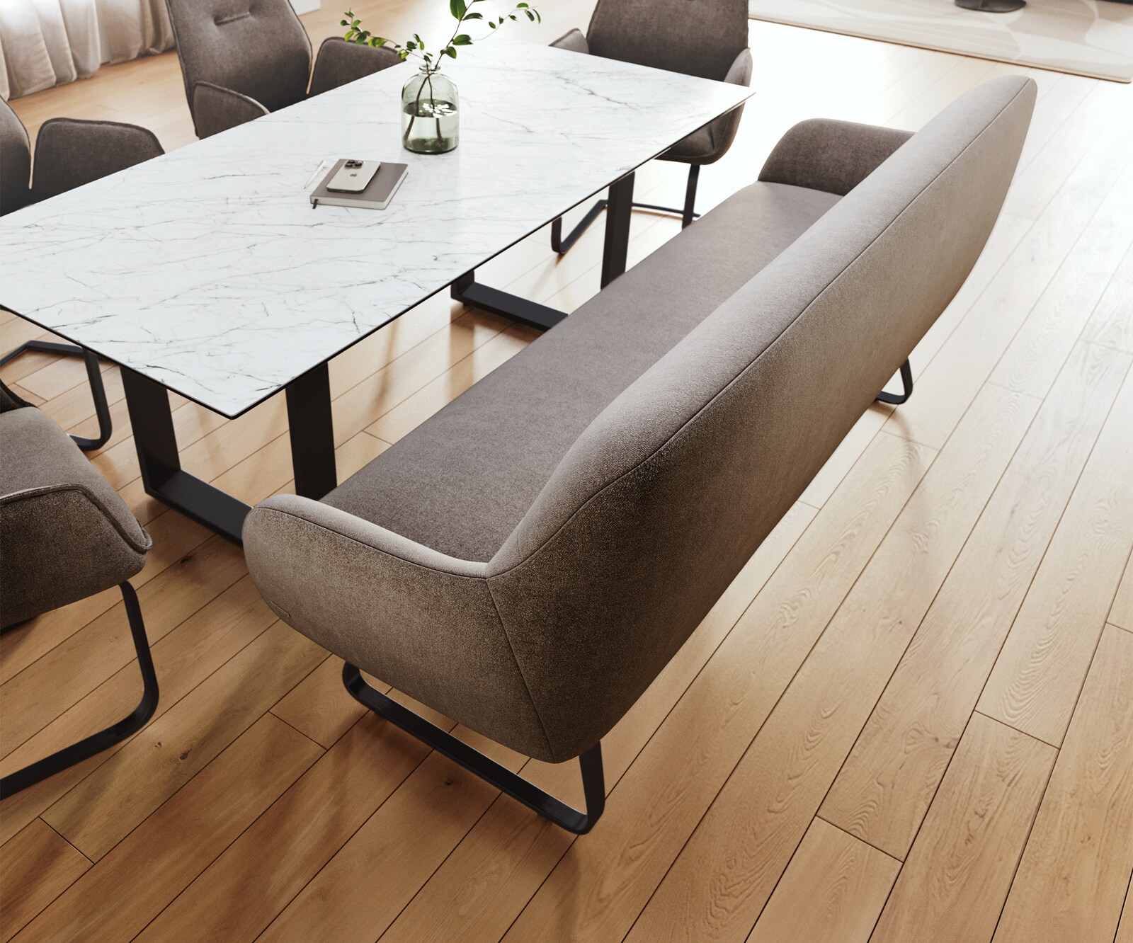 Eetkamerbank Taya-Flex 200 cm zachte stof met structuur taupe platte sledebasis zwart pocketvering 4