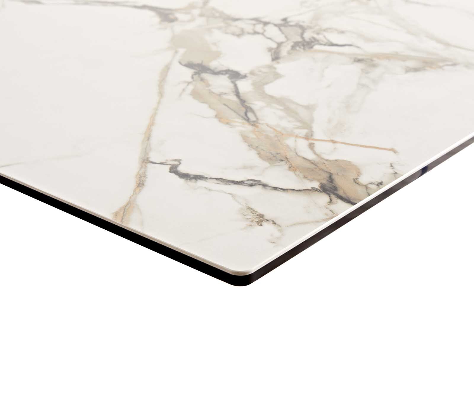 Eetkamertafel Edge 300x100 keramiek Calacatta Luxe wit-goud-grijs kruisframe rechthoek RVS 4