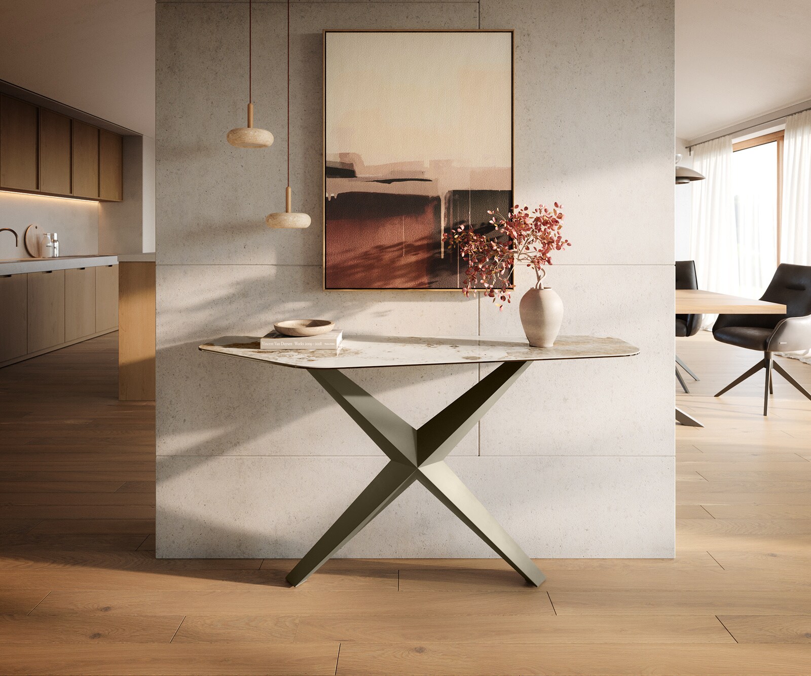 Consoletafel Edge Polygonaal 140x50 cm Keramiek Minas Melange Weiß-Beige Zentharo Metaal Effektfinish Titan 1