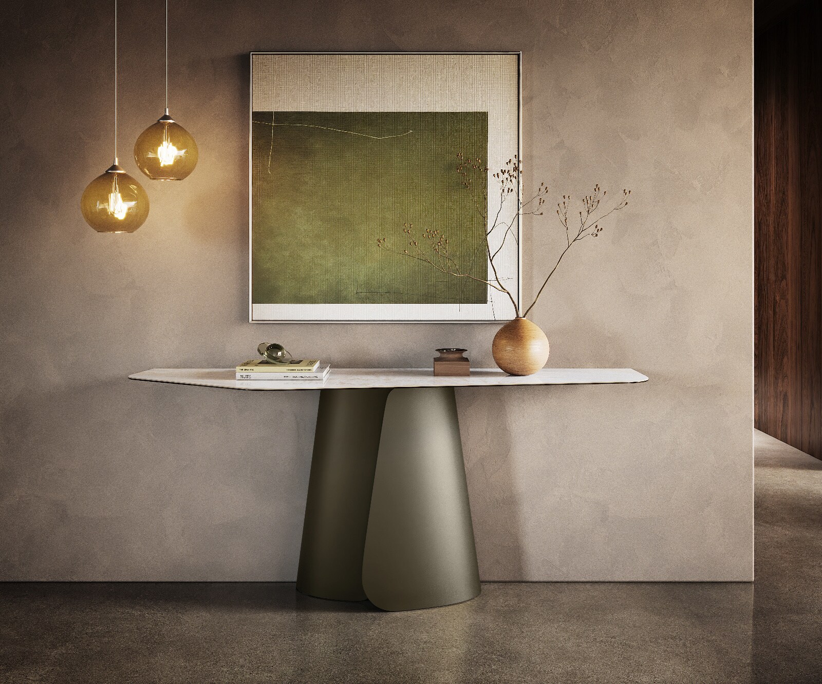 Consoletafel Edge Polygonaal 180x50 cm Keramiek Onyx Pearl Livos Metaal Effektfinish Titan 3