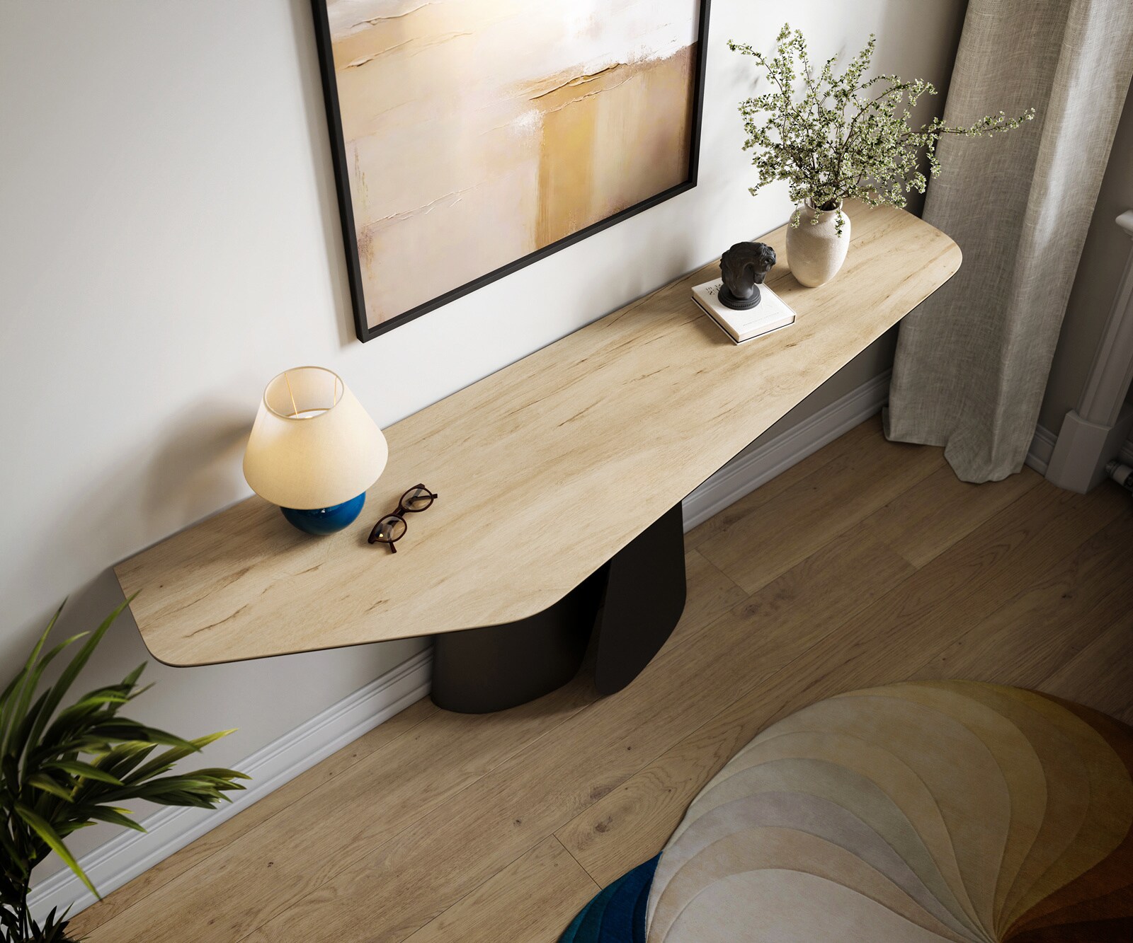 Consoletafel Edge Polygonaal 180x50 cm Keramiek Laminam® Sabbia Eichefarbig Livos Metaal Zwart 2