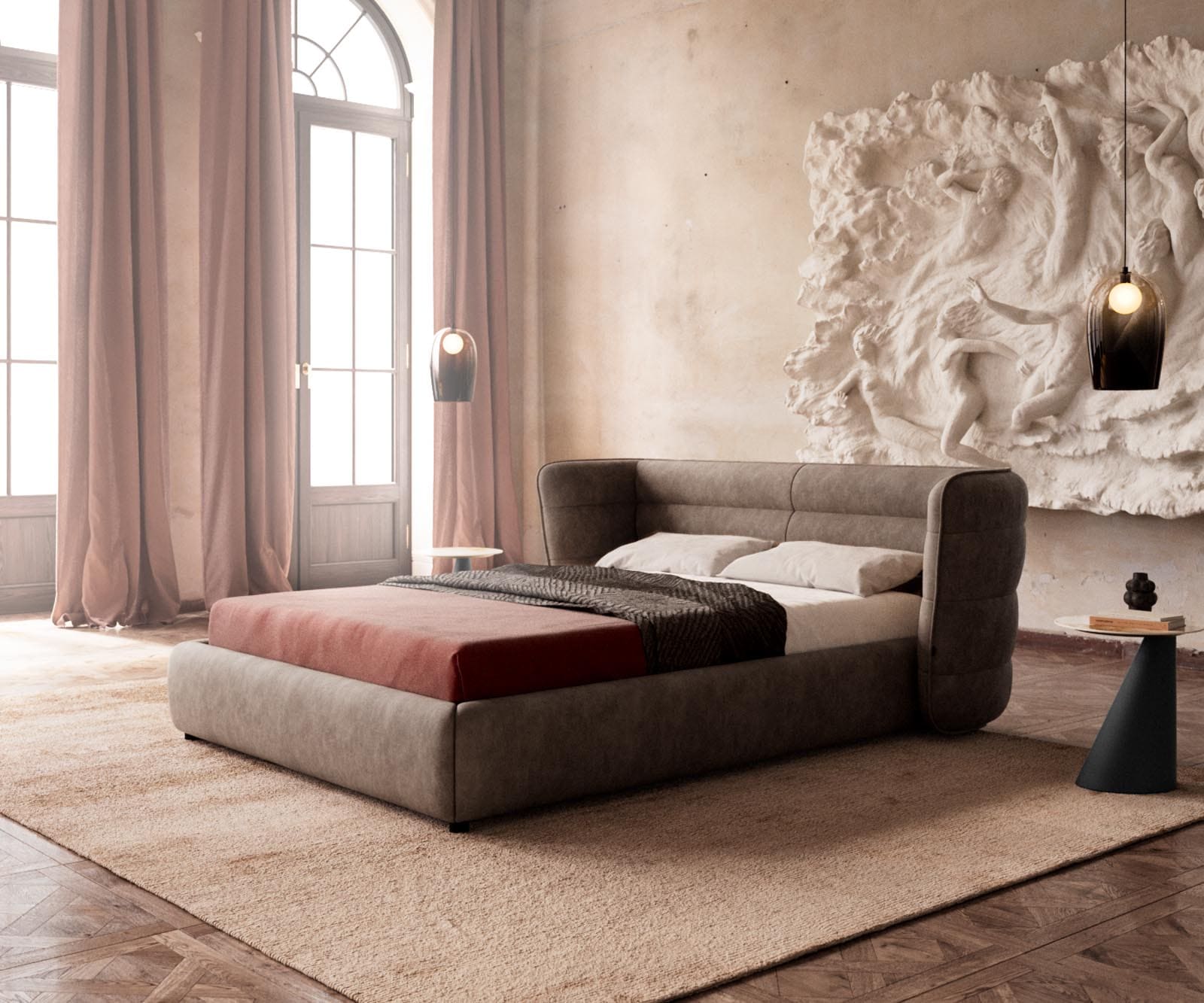 Gestoffeerd bed Simea 140x200 cm microvezel taupe vintage Gestoffeerd bed Simea 140x200 cm microvezel taupe vintage