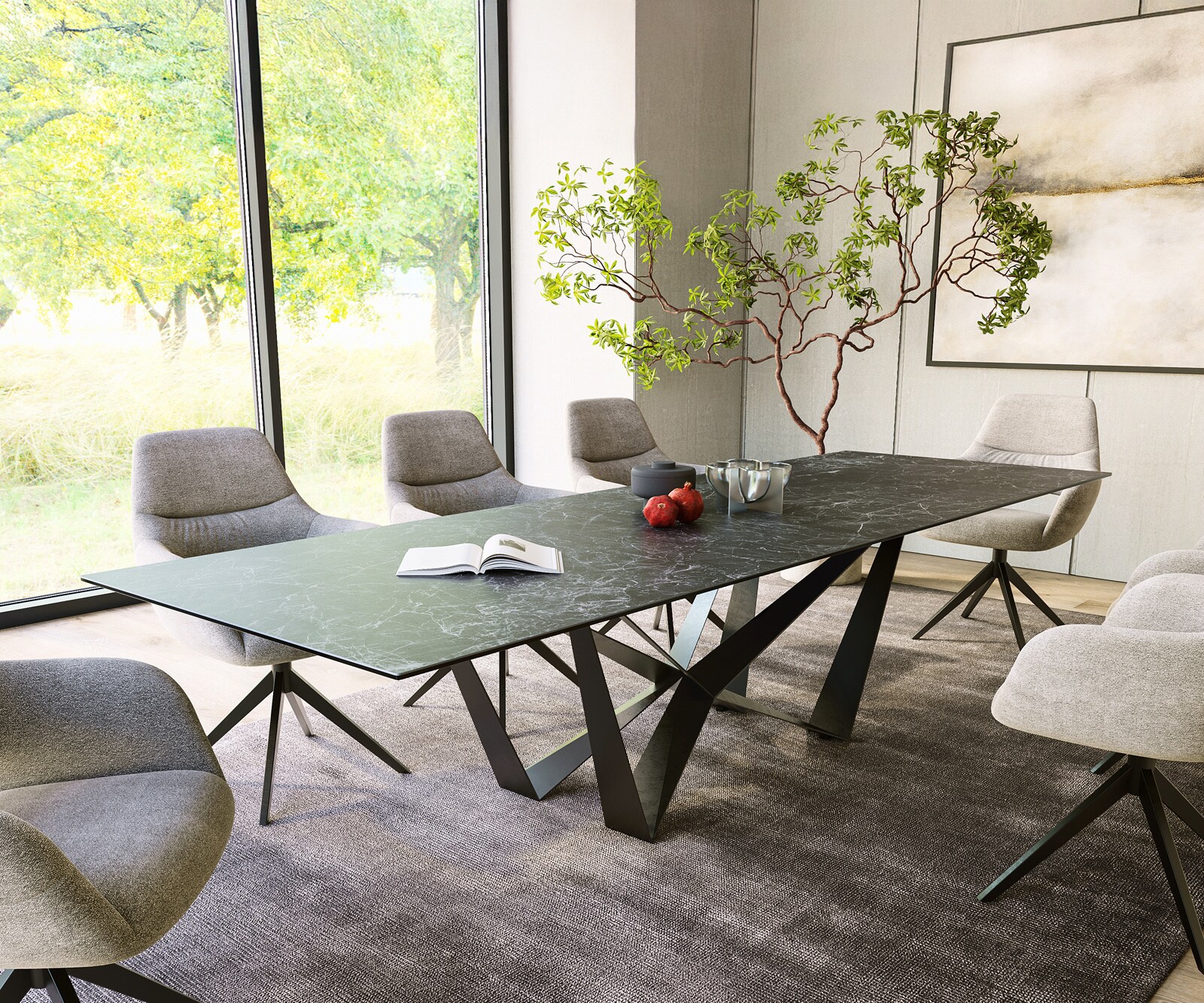 Eettafel Edge 300x100cm Laminam® keramiek grijs middenpoot vlak staal zwart