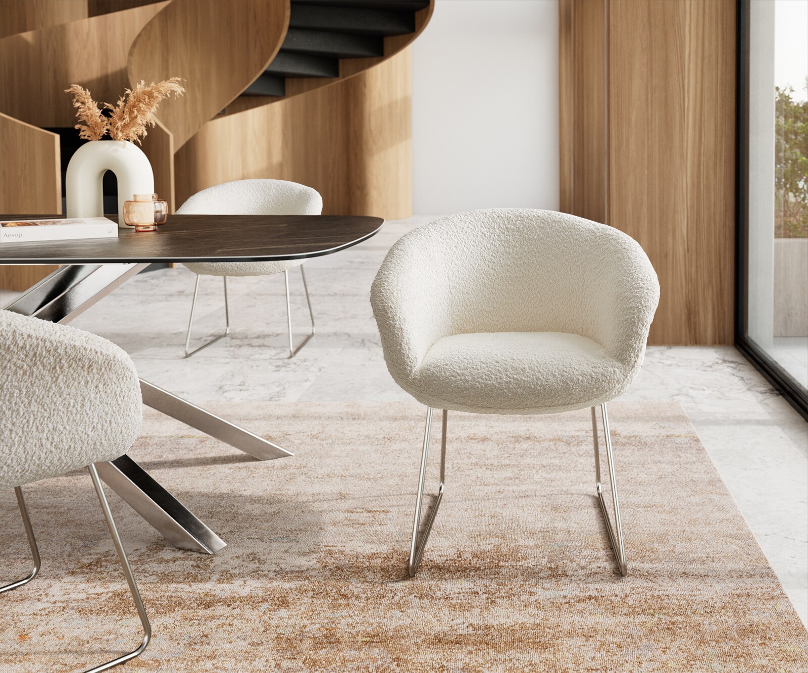 Eetkamerstoel Vinka-Flex met armleuning bouclé wit slipframe roestvrij staal pocketveer kern 1 Eetkamerstoel Vinka-Flex met armleuning bouclé wit slipframe roestvrij staal pocketveer kern 1