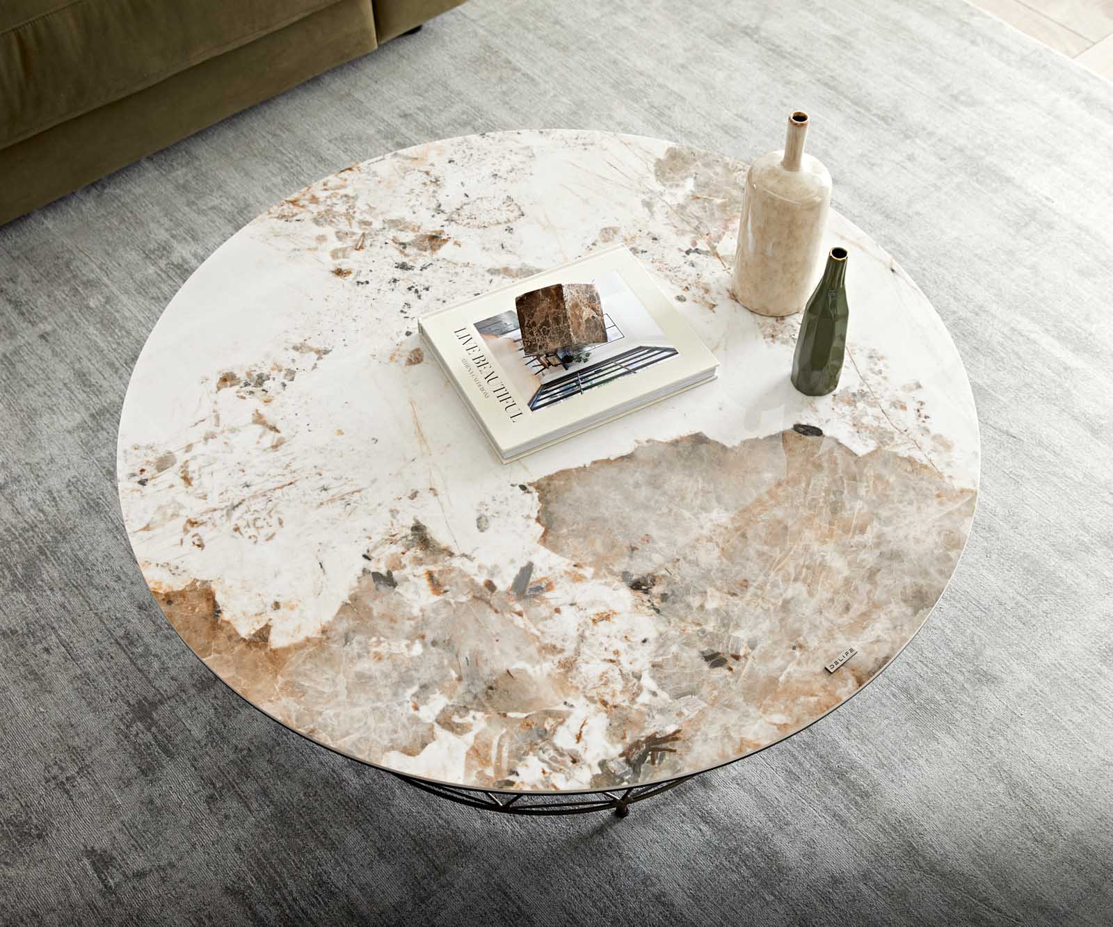 Salontafel Lassina 100x100 cm keramiek Minas Melange wit-beige frame metaal effect afwerking titanium 3