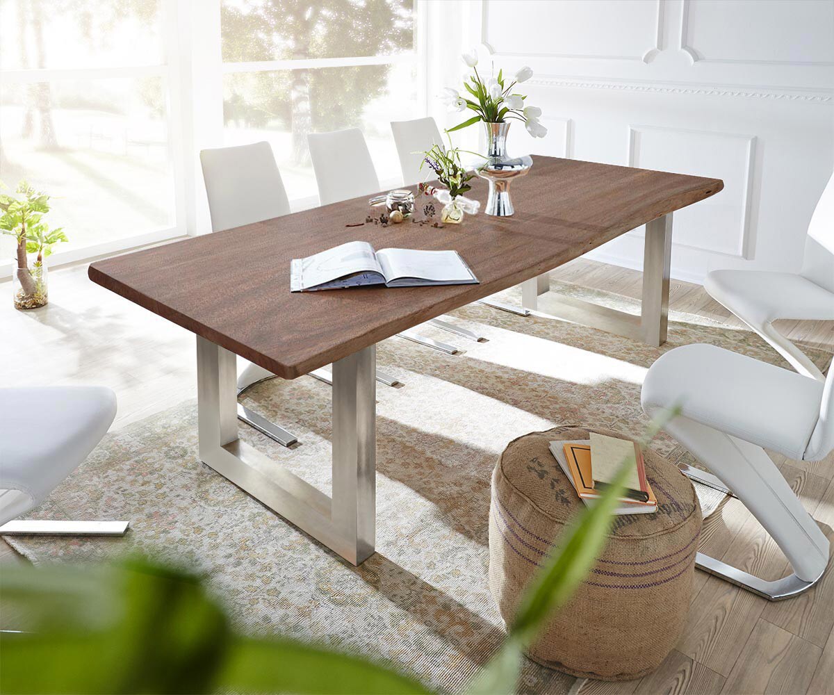 Eettafel Edge 300x100 acacia bruin roestvrijstaal breed Live-Edge