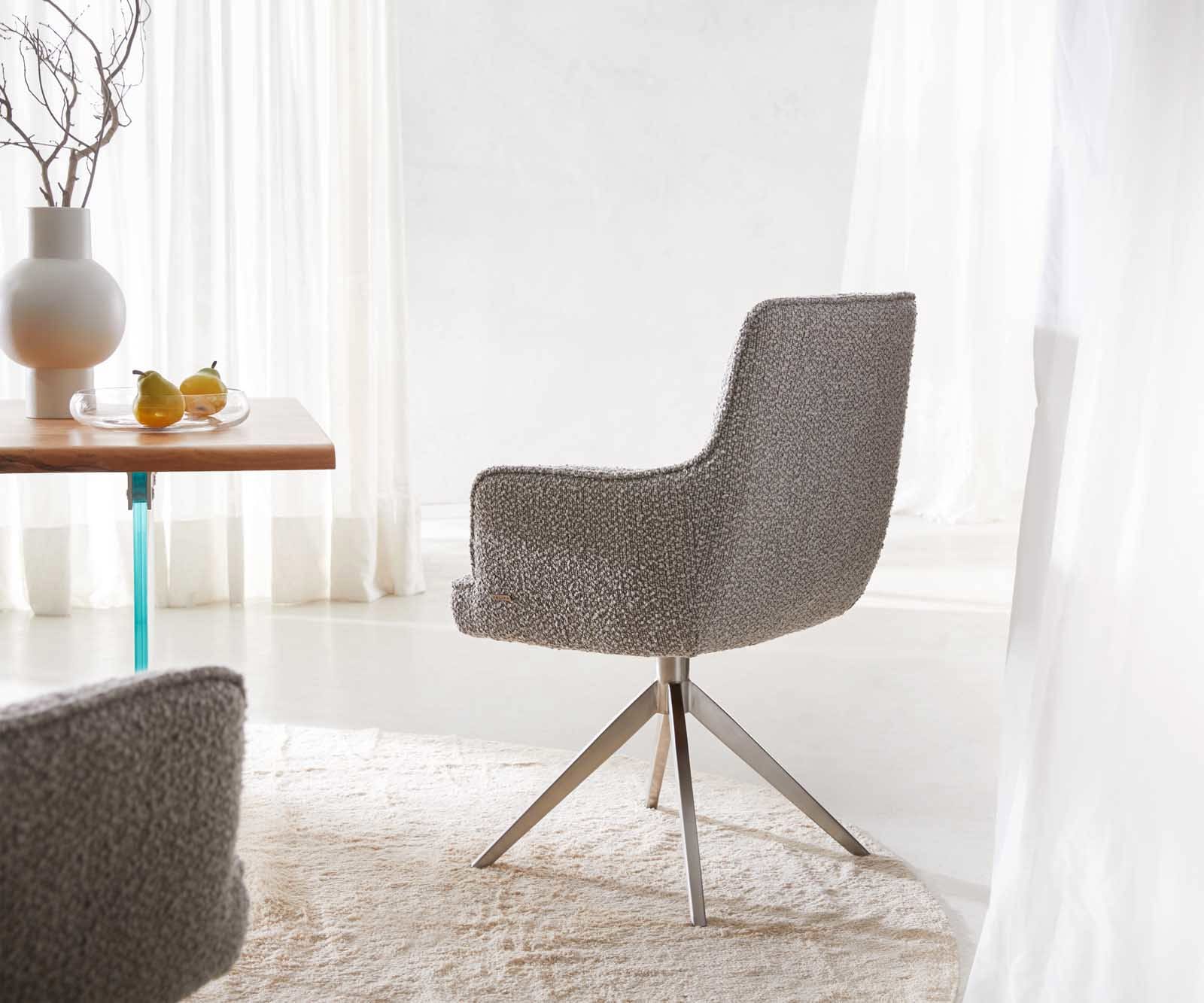 Draaistoel Heira-Flex met armleuning bouclé zilver grijs kruisframe breed roestvrij staal 360° draaibaar pocketveer kern 4 Draaistoel Heira-Flex met armleuning bouclé zilver grijs kruisframe breed roestvrij staal 360° draaibaar pocketveer kern 4