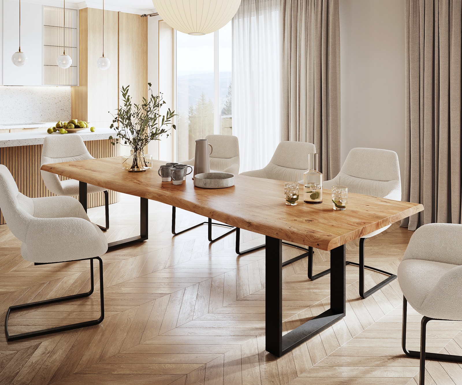 Eettafel Classic-Edge 300x100 acacia natuur frame hoekig metaal zwart Eettafel Classic-Edge 300x100 acacia natuur frame hoekig metaal zwart
