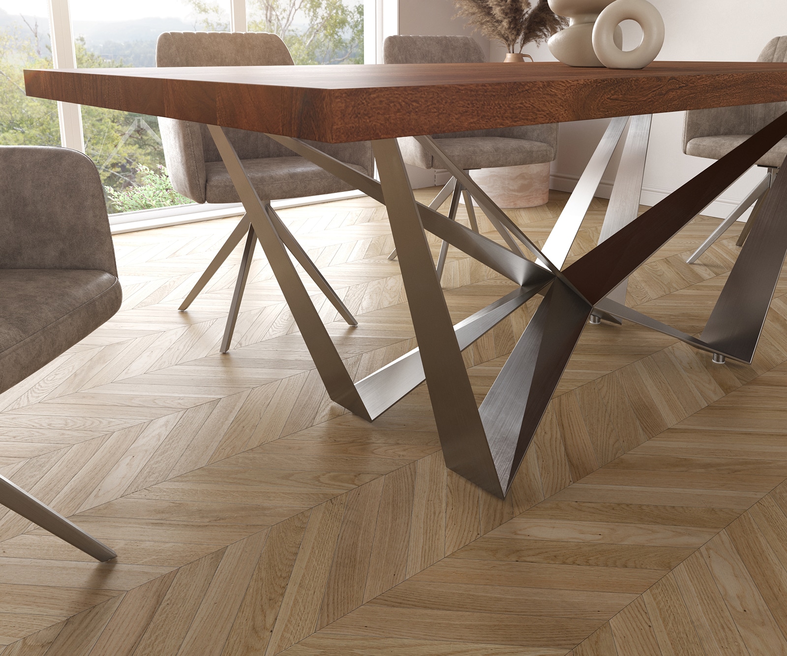 Eettafel Edge 200x100cm XL acacia bruin middenpoot vlak staal zilver 4 Eettafel Edge 200x100cm XL acacia bruin middenpoot vlak staal zilver 4