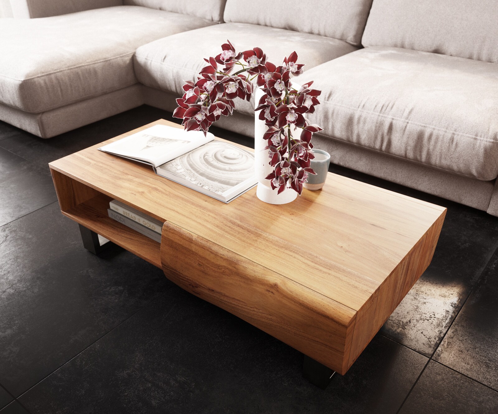 Salontafel New Live-Edge 115x60 cm acacia natuur 2 Schubladen 1 Fach Kufe RVS geborsteld  3